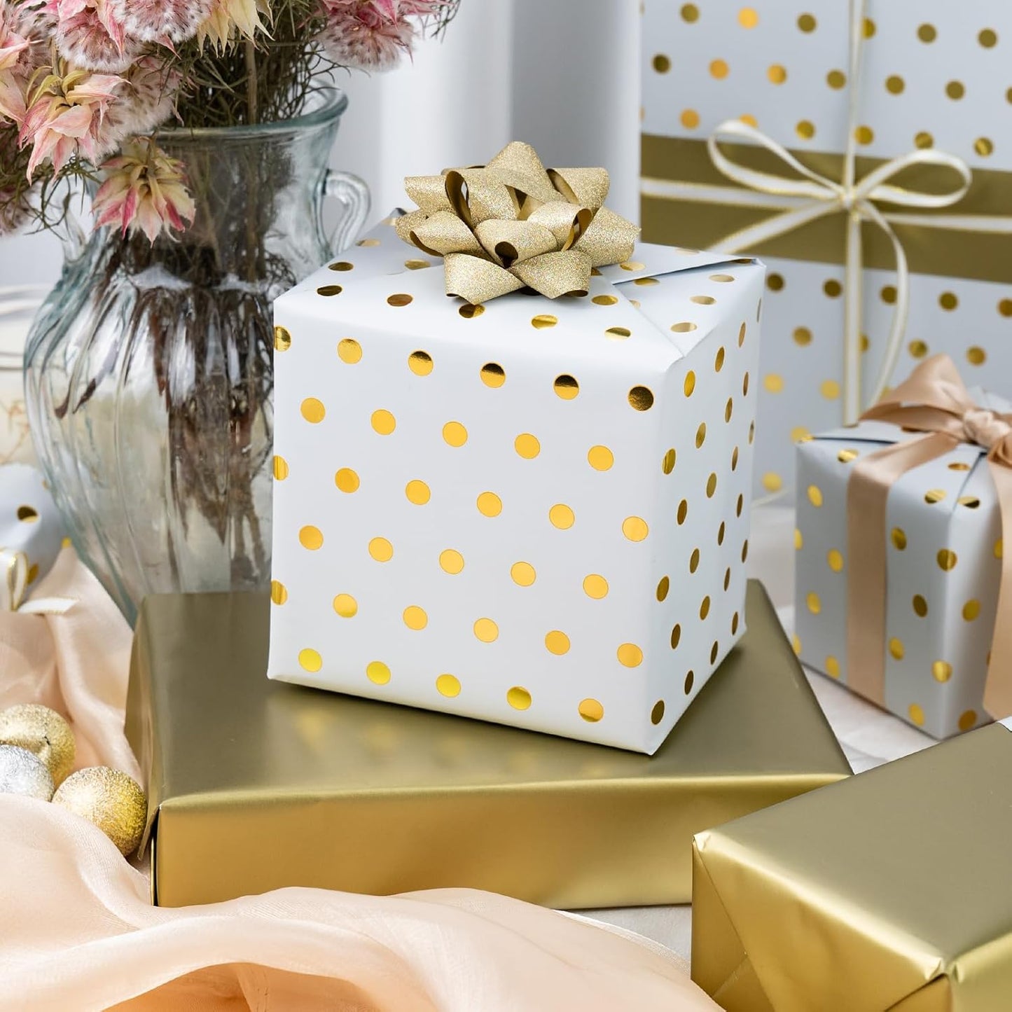 Flyhill Reversible Wrapping Paper-Mini Roll,Gold Foil and Polka Dot Design for Birthday,Holiday,Party,Baby Shower (17 Inch X 32.8 Feet)