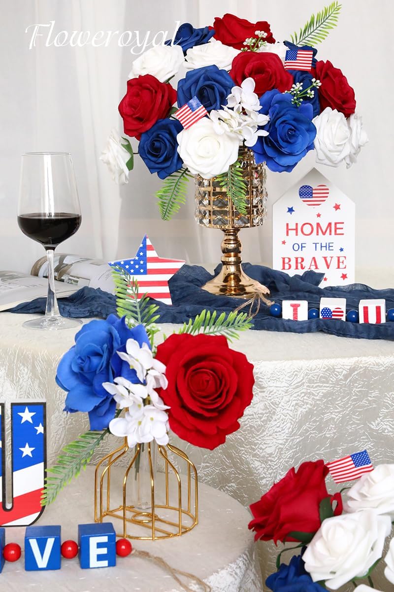 Floweroyal 4th of July Flowers Patriotic Flowers Fake Roses with American Flags for Independence Day, Memorial Day, Floral Arrangement, Table Centerpieces, Home Decorations (Red, Blue, White)