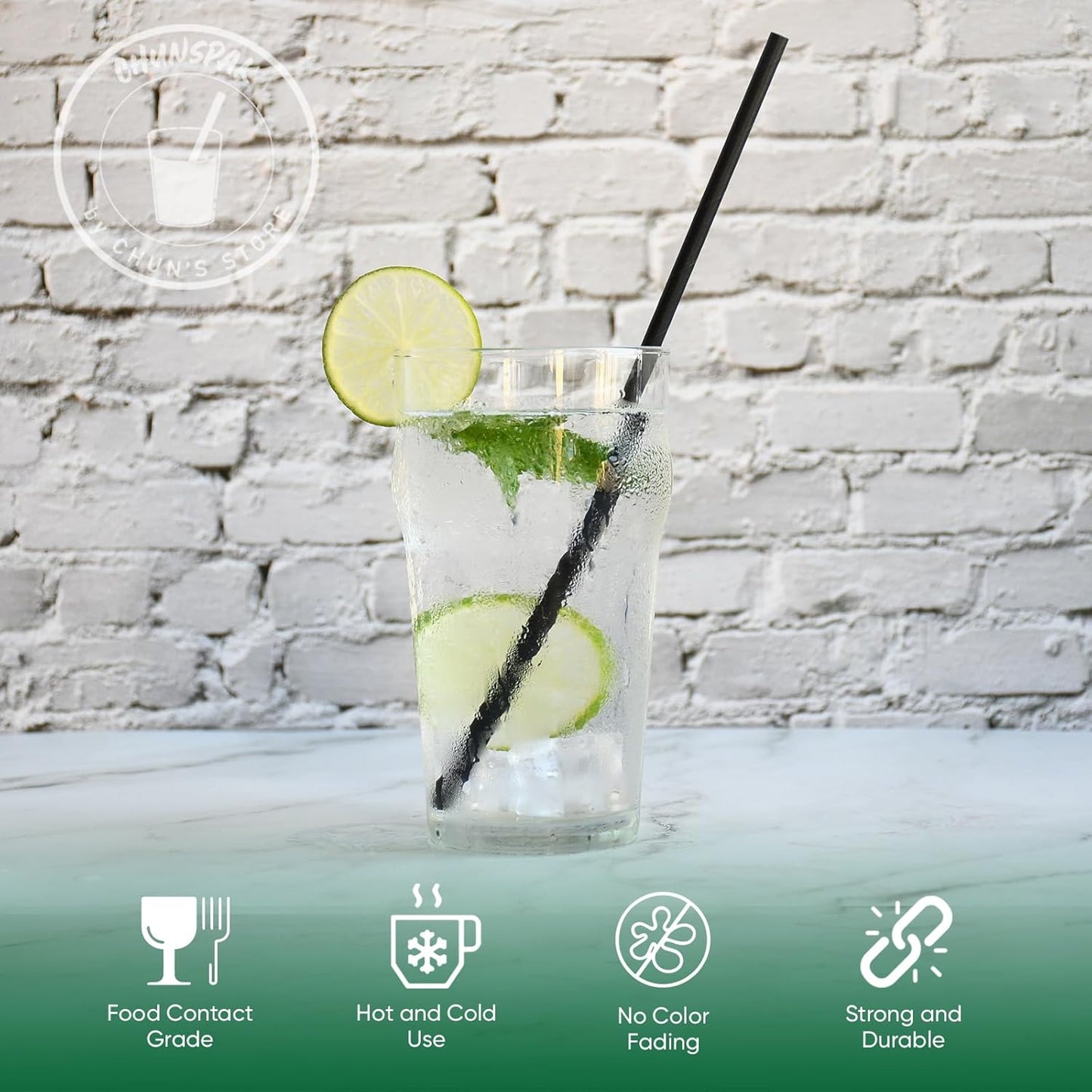 10 Inch Tall Disposable Black Paper Drinking Straws, 0.24" Diameter - Pack of 100