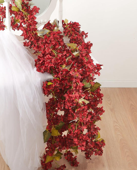 Flower Garland, Artificial Hydrangea Vine Flowers, Hanging Fake Hydrangeas Vine for Room Anniversary Wedding Birthday Christmas Wall Arch Decor, 2 Pcs, Floral Garland, Red Flower