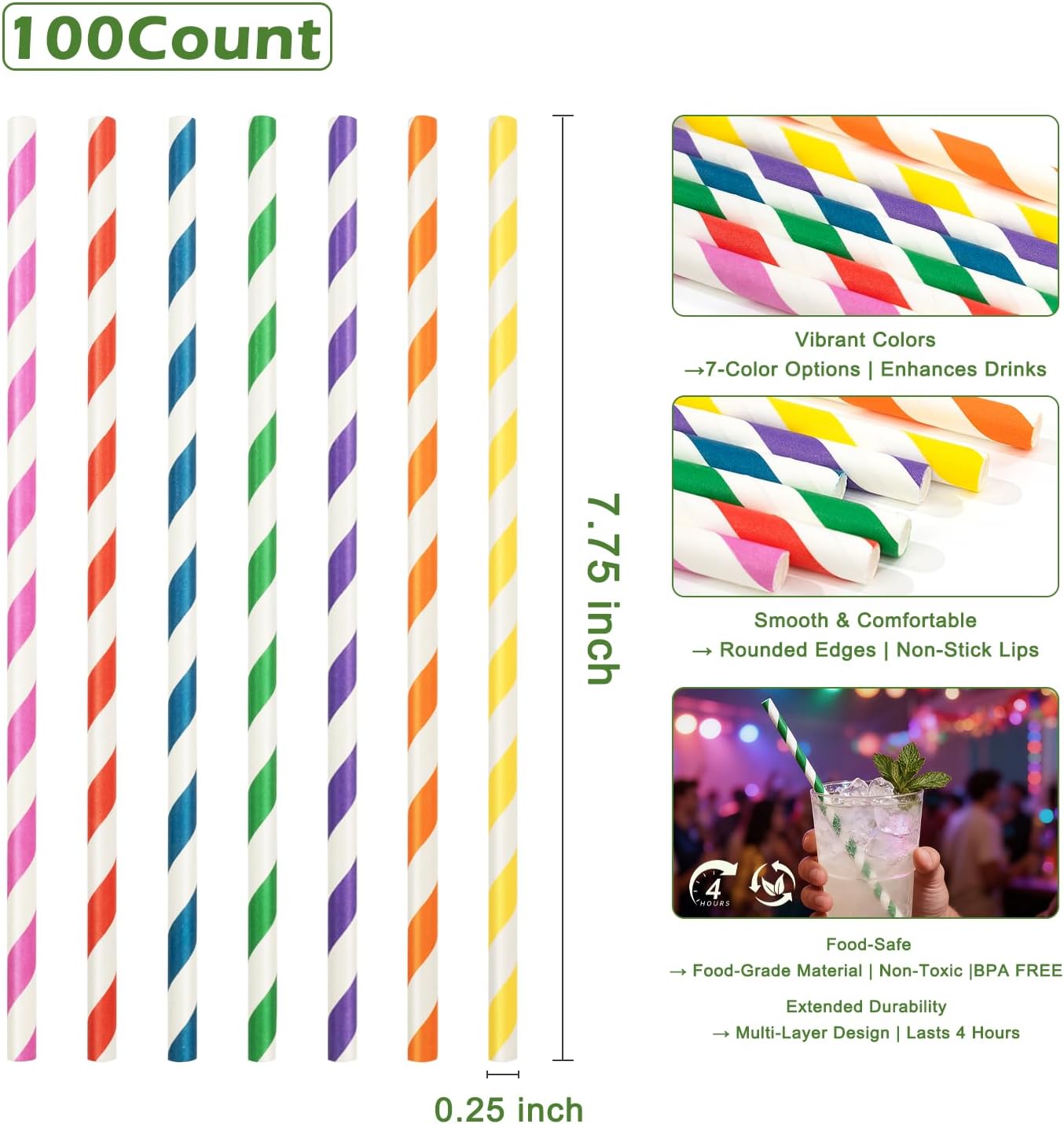 100 Pack Striped Paper Straws for Drinking– Sturdy & Non-Soggy – 100% Biodegradable disposable, Food-Safe Ink colorful straws, and Multi-Layered for Long-Lasting Use-Daily/Party/business