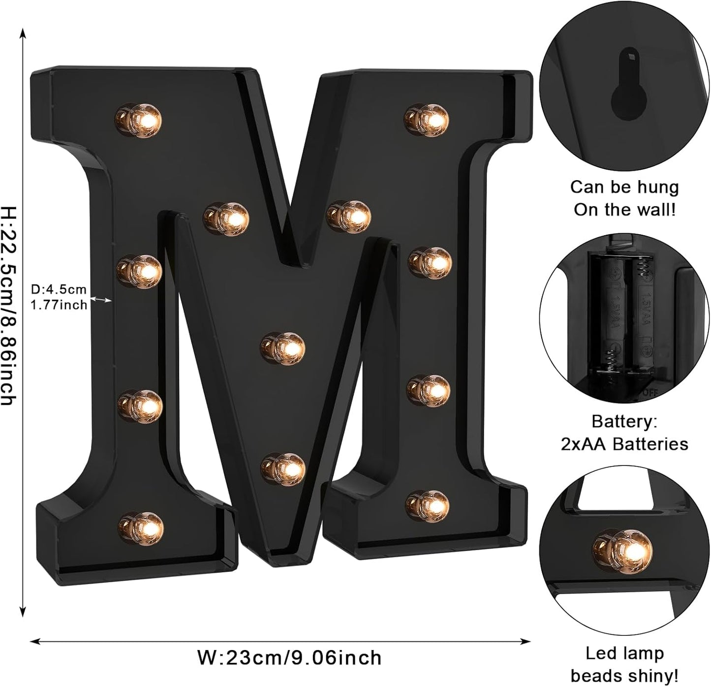 Foaky Black LED Letter Lights for Room Decor - Bedroom Wall Decor, Alphabet Lights for Home, Wedding, Party - Battery Operated （M）