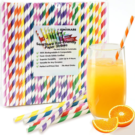100 Pack Striped Paper Straws for Drinking– Sturdy & Non-Soggy – 100% Biodegradable disposable, Food-Safe Ink colorful straws, and Multi-Layered for Long-Lasting Use-Daily/Party/business