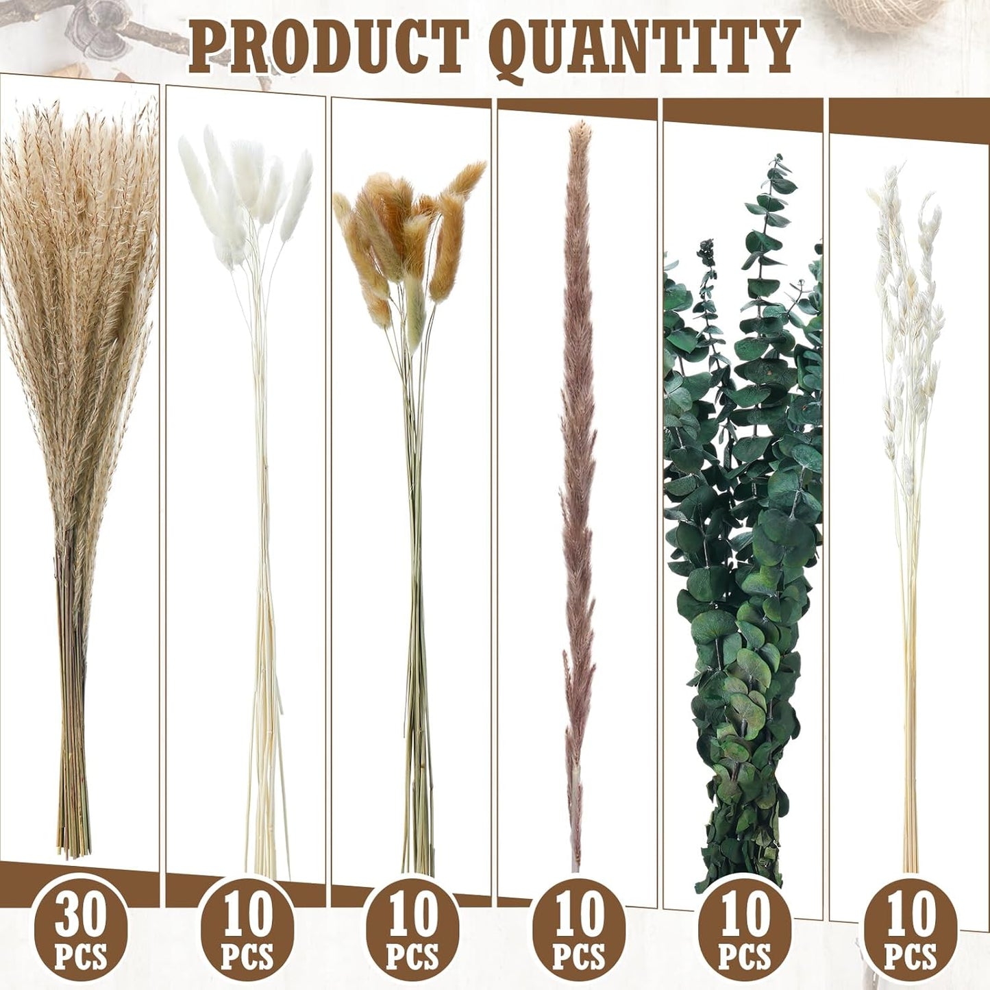 10 Set Dried Pampas Grass Centerpiece for Wedding 10 Clear Glass Jars 10 Artificial Roses 80 Dried Pampas Grass with Rope for Baby Shower Rustic Bridal Party Farmhouse Decoration (White)