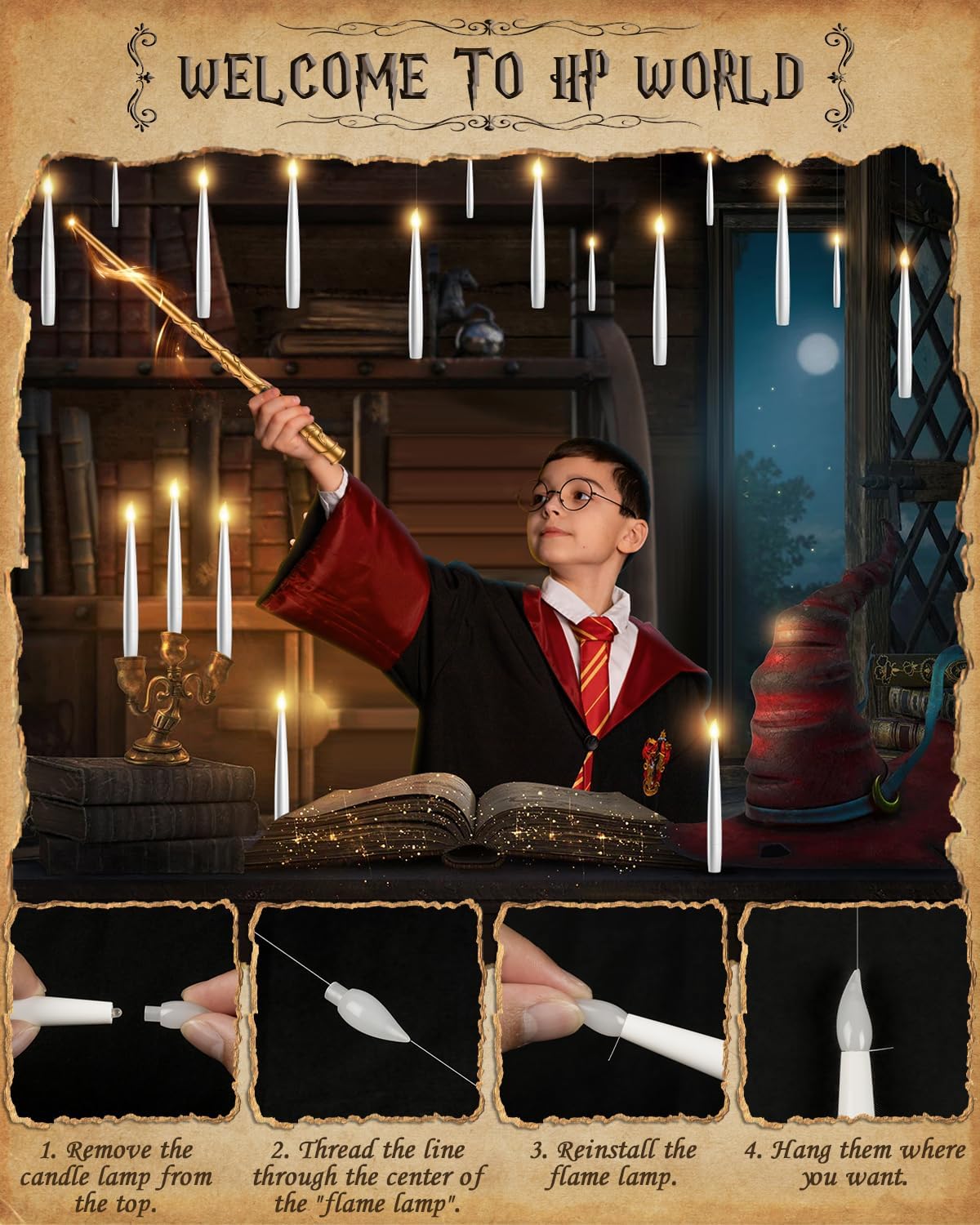 Floating Candles with Wand - 12 Pack Halloween Decorations Magic Flameless Candles Flickering Warm Light LED Hanging Candle Remote, Battery Operated Candles for Christmas Outdoor Indoor Party Decor