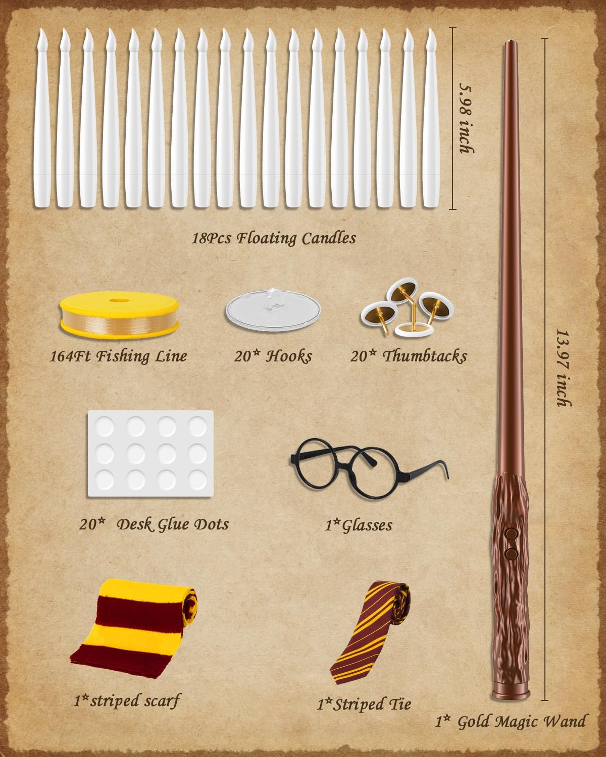 Floating Candles with Wand - 18 Pack Halloween Decorations Magic Flameless Candles Flickering Light Hanging Candle Remote with Glasses, Tie, Scarf, Battery Operated Candles for Christmas Party Decor