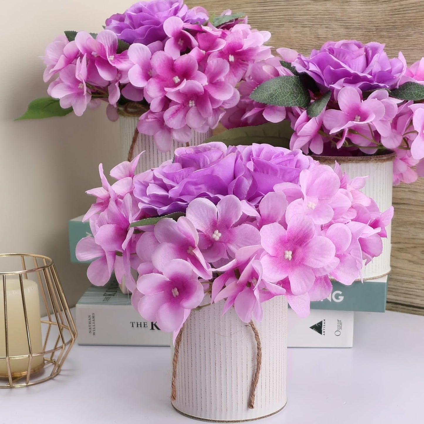 Flower Table Centerpieces - Set of 6 Floral Arrangement Artificial Wedding Hydrangeas Floral Arrangement with Rustic Metal Vase for Bridal Tea Party Event Decorations - Purple