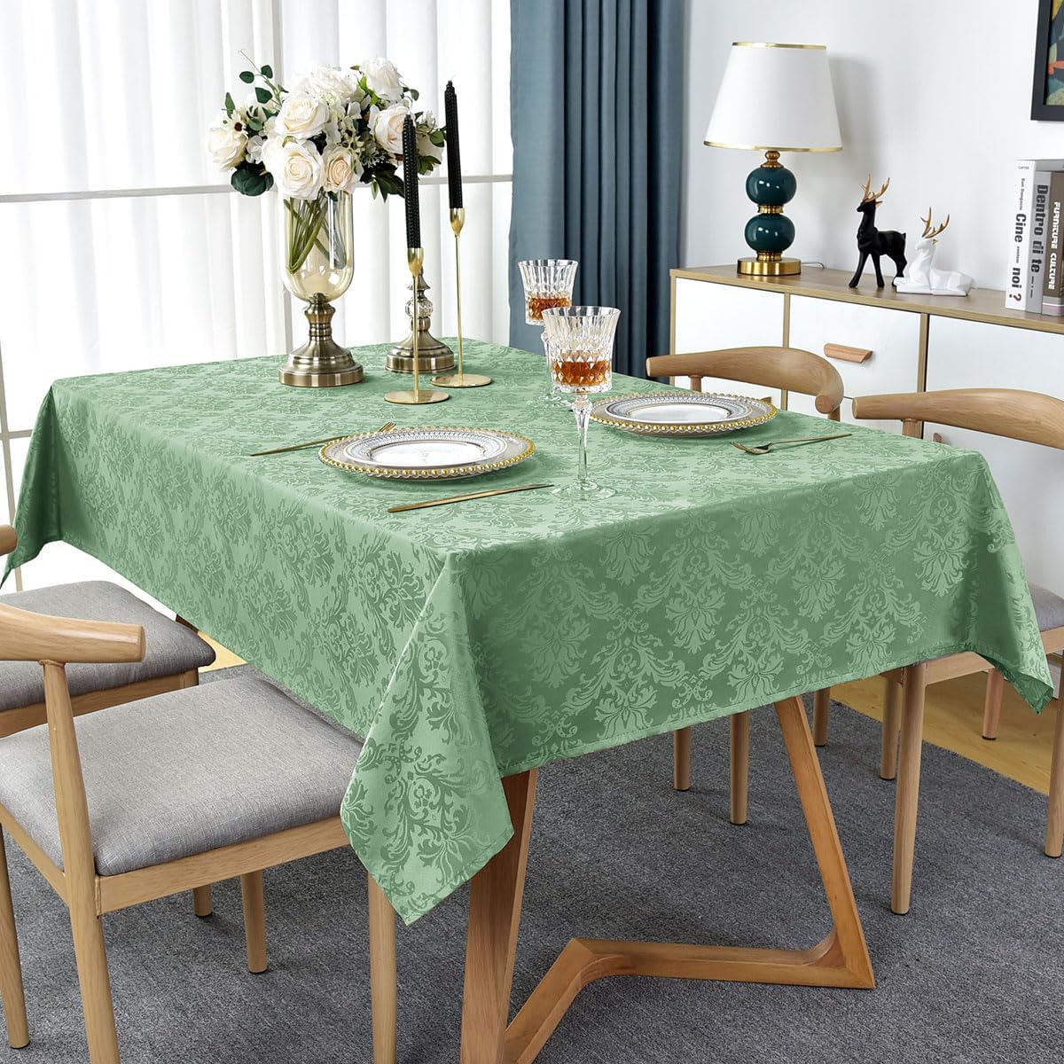 Floral Jacquard Rectangle Tablecloth 60 x 84 Inch Spill Proof Wrinkle Resistant Damask Table Cloth, Soft Polyester Table Cover for Dining, Party, Picnic, Indoor, Outdoor, Sage Green