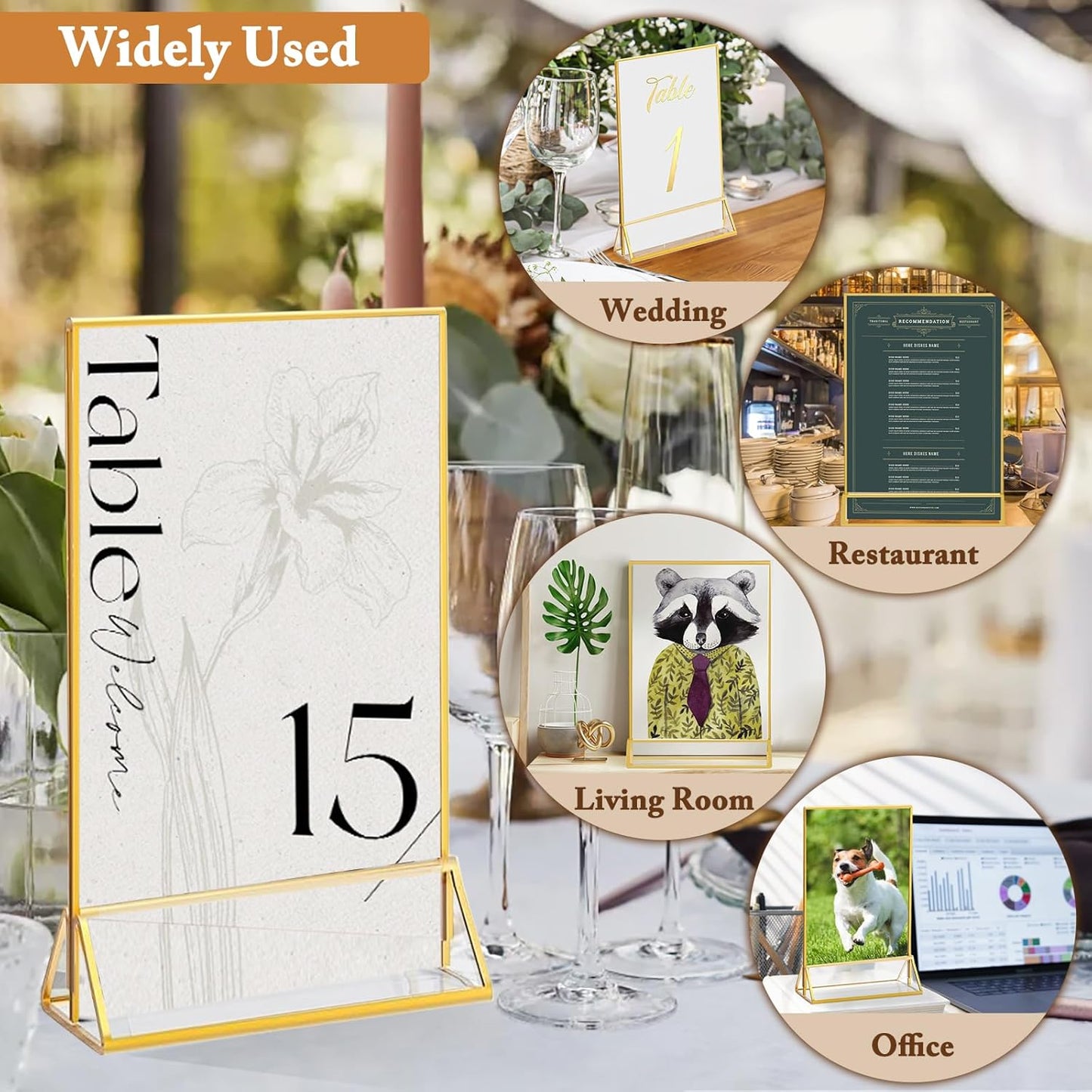 Floroom 24 Pack 5x7 Inch Clear Acrylic Sign Holders, Double-Sided Gold Display Stand Picture Frames for Table Numbers, Menus, Flyers, Weddings, and Offices