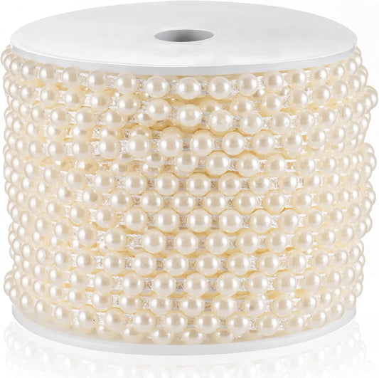 Flat Pearl Garland String 27 Yards, 6MM Half-Round Beaded Spool Roll Crafts for Wedding Decoration (Ivory)