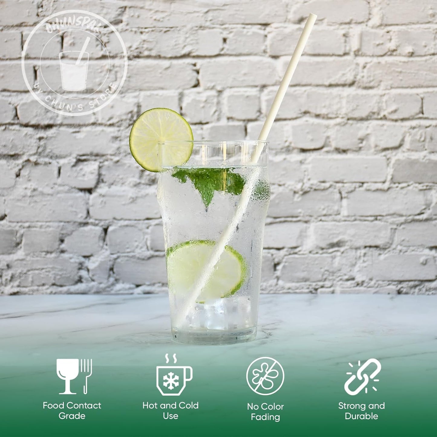 10 Inch Long Paper Drinking Straws, 0.24" Diameter - White, 100 counts