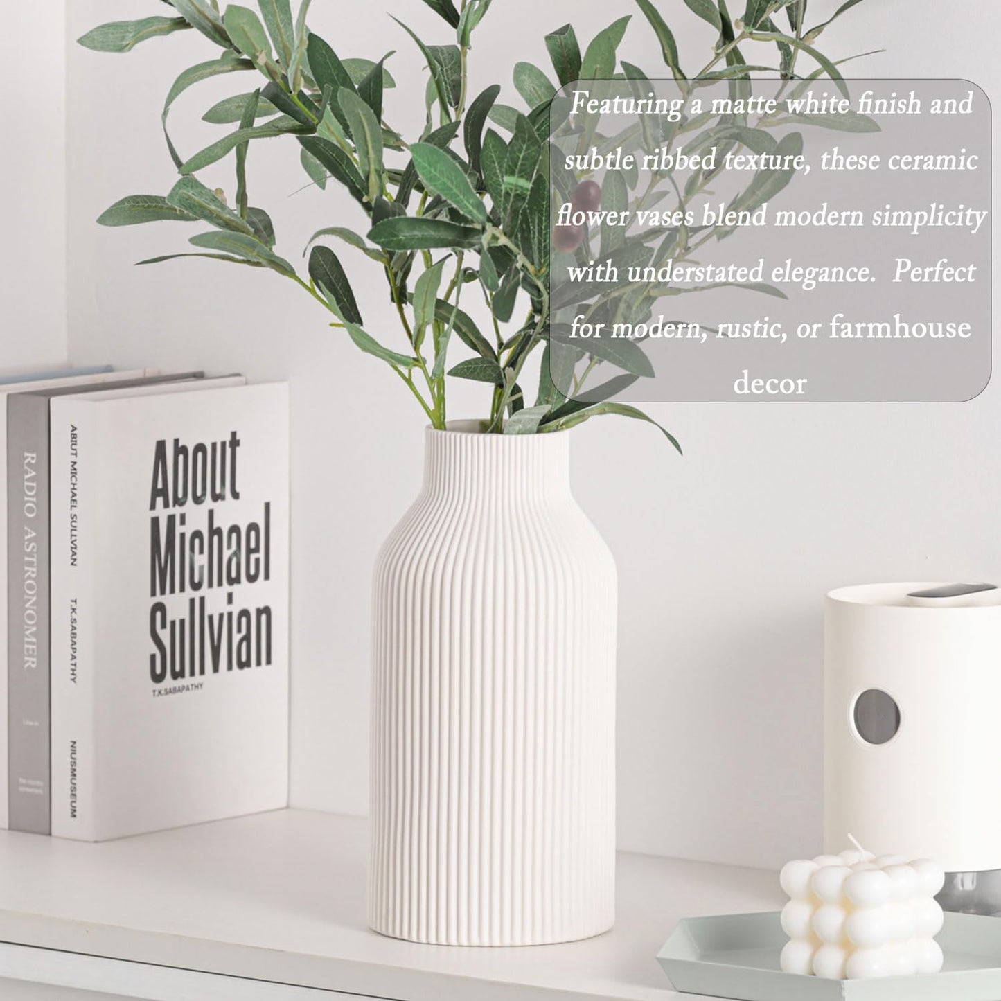 10 Inch White Ceramic Vase for Decor,Minimalist Modern Home Decorative Large Flower Vase for Pampas Grass,Bookshelf, Living Room, Shelf, Bedroom, Bathroom, Entryway Mantel Decor