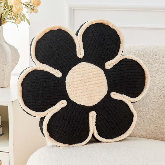 Flower Pillow, Soft Flower Decorative Throw Pillow, Cute Daisy Flower Shaped Seating Floor Cushion Room Décor Plush Pillows for Sofa Couch Bed (13.7 Inch, Black)