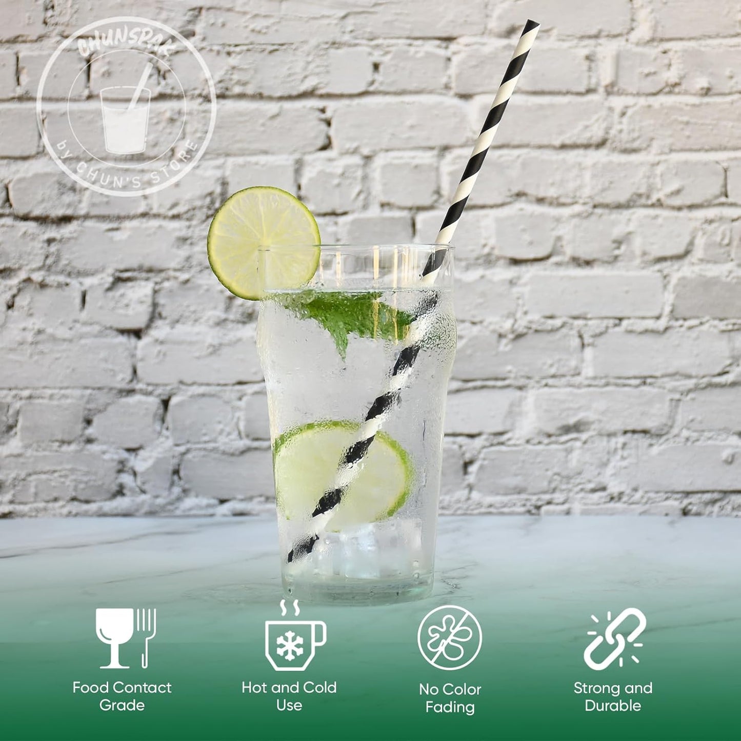 10.25" Long Disposable Paper Drinking Straws, 0.24" Diameter - Black/White Striped, Pack of 100