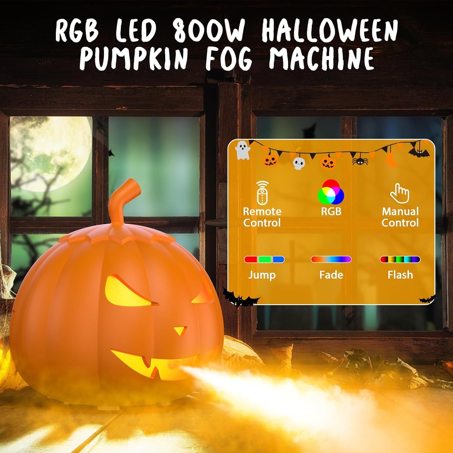 Fog Machine with LED RGB Lights, 800W Halloween Fog Machine with Remote Control, Pumpkin Smoke Machine 12 Colors Lighting Effect for Halloween Band DJ Show Club Outdoor Camping, 2 Pack