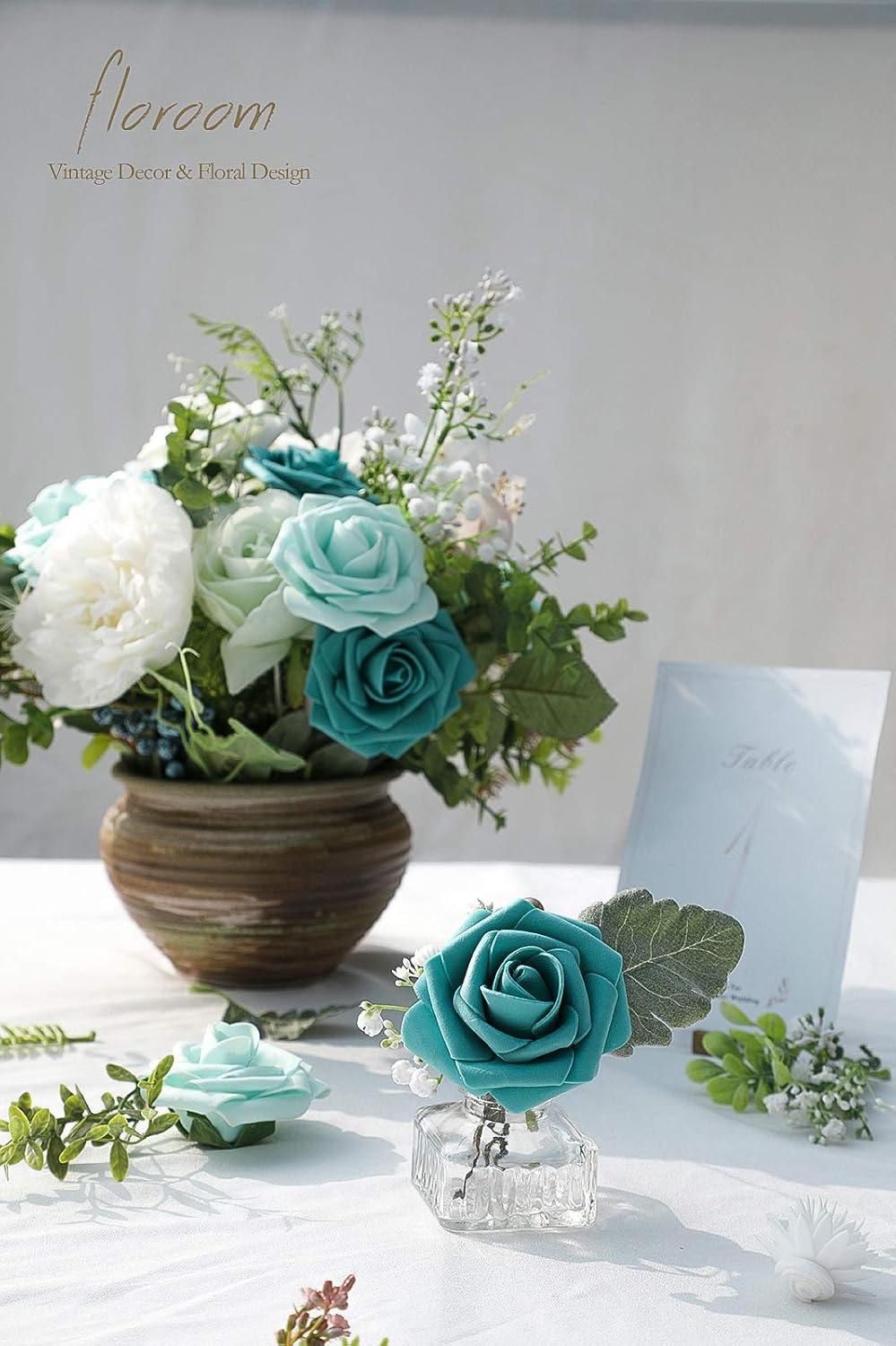 Floroom Artificial Flowers 25pcs Real Looking Teal Green Foam Fake Roses with Stems for DIY Wedding Bouquets Baby Shower Centerpieces Party Tables Home Decorations