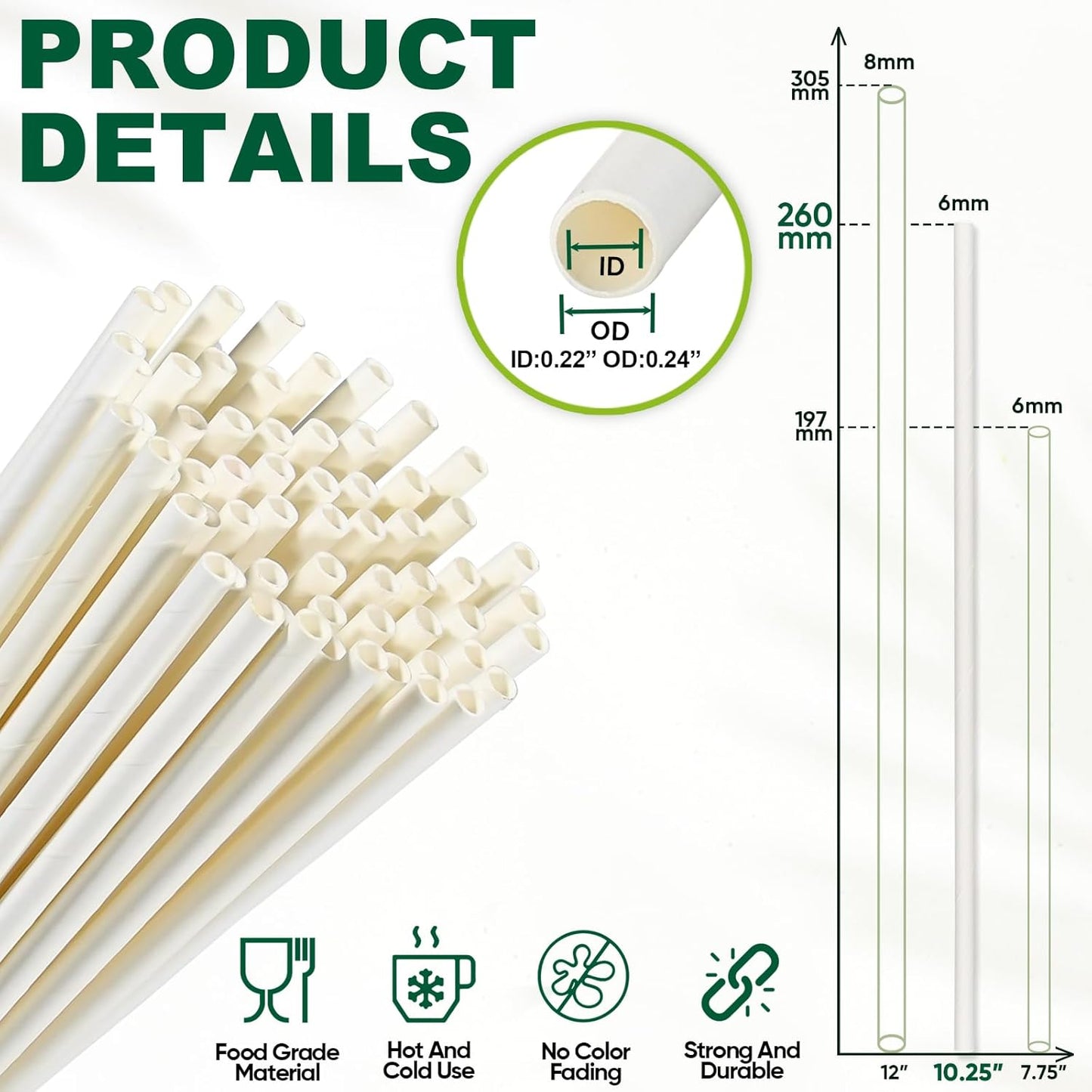 10 Inch Long Paper Drinking Straws, 0.24" Diameter - White, 100 counts