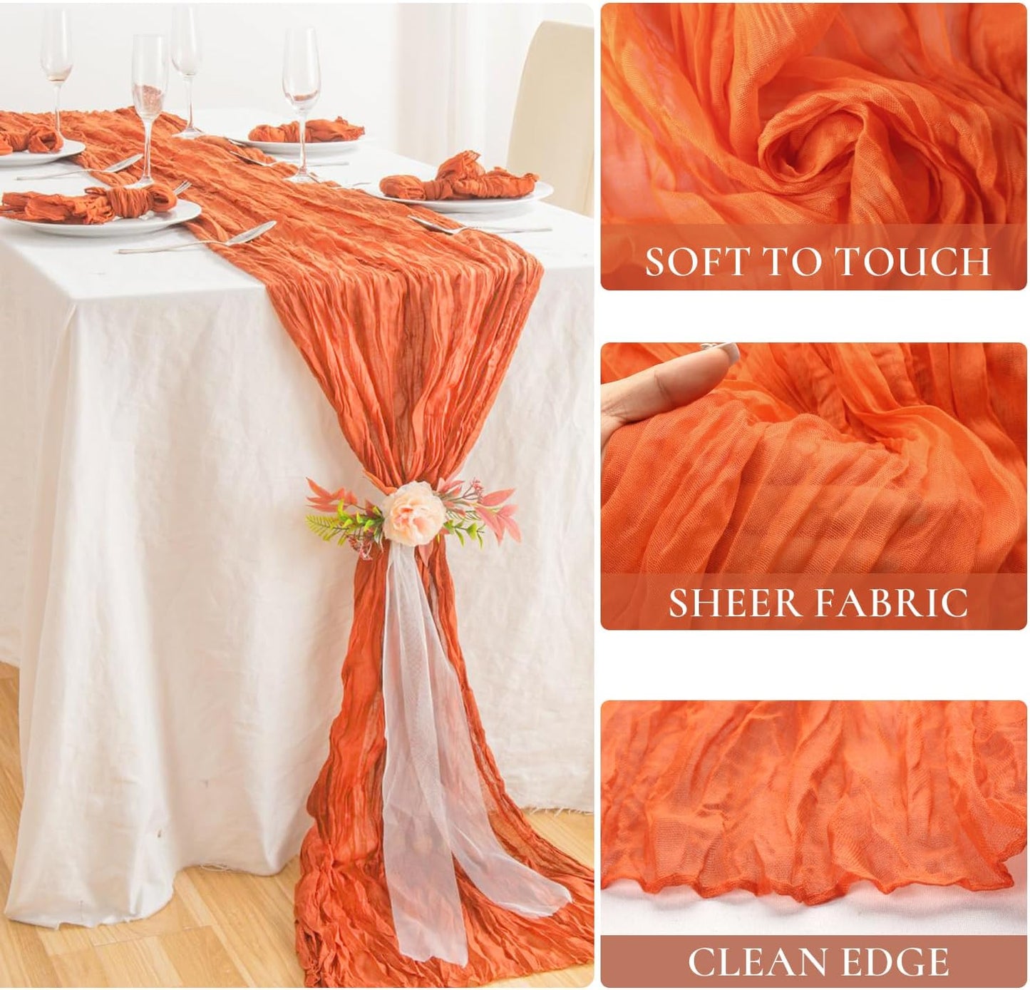 10 Packs Orange Halloween Table Runner Cheesecloth 10FT Fall Burnt Orange Cheese Cloth Table Runner Sheer Boho Rustic Gauze Table Cloth for Wedding Party Baby Shower Decor