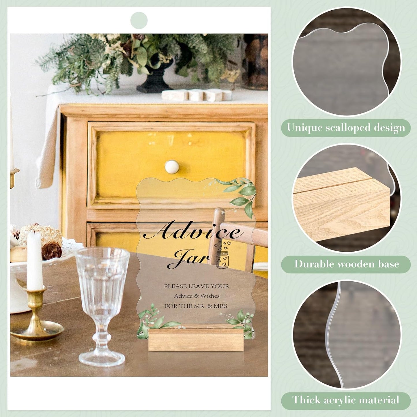 10 Pack 5x7 Inch Scalloped Acrylic Sign Blank Acrylic Sheets with Wood Base Clear Table Numbers for DIY Name Card Gifts Wedding Table Sign Event Party Decoration