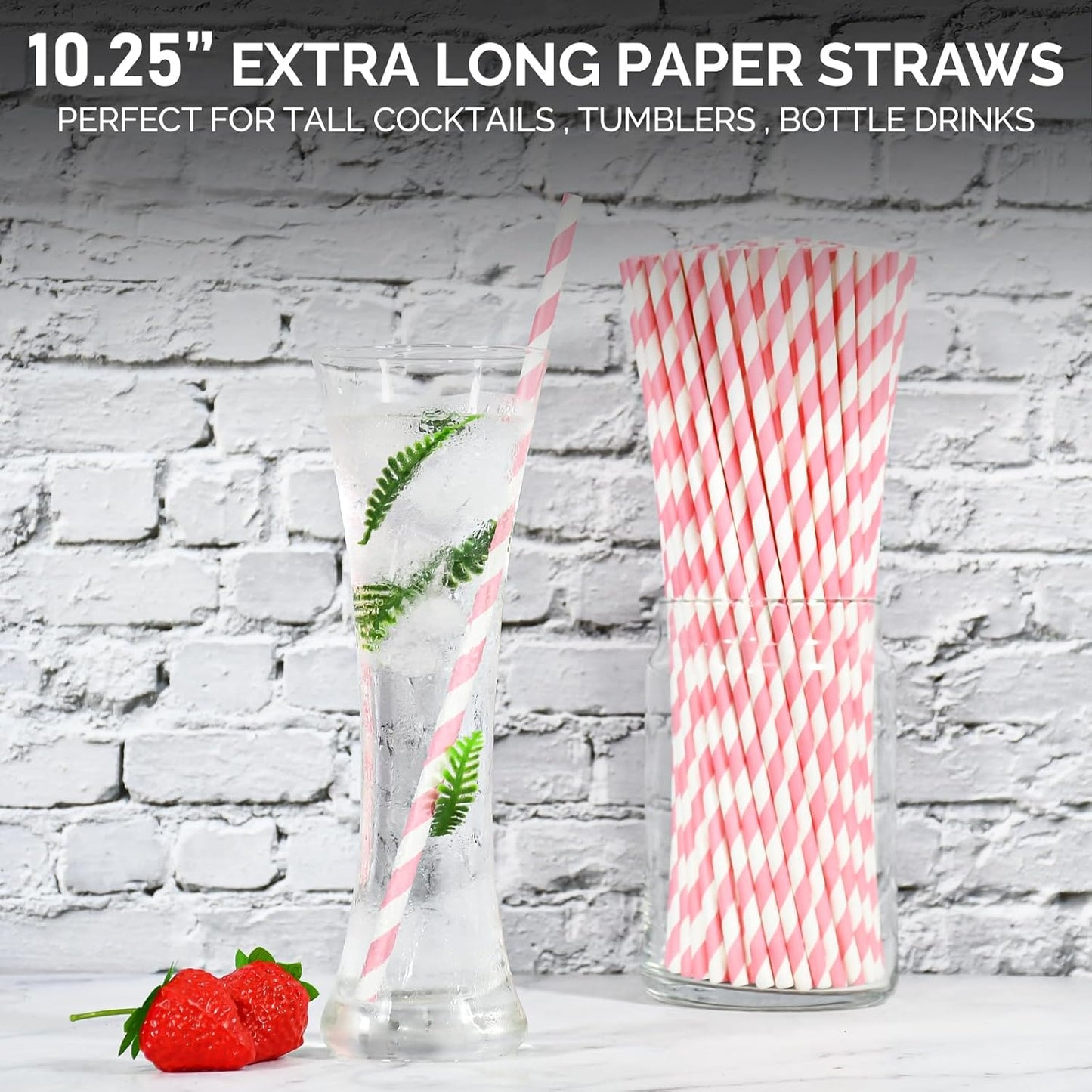 10.25" Long Pink/White Striped Disposable Paper Drinking Straws Bulk - Unwrapped [600 Counts]