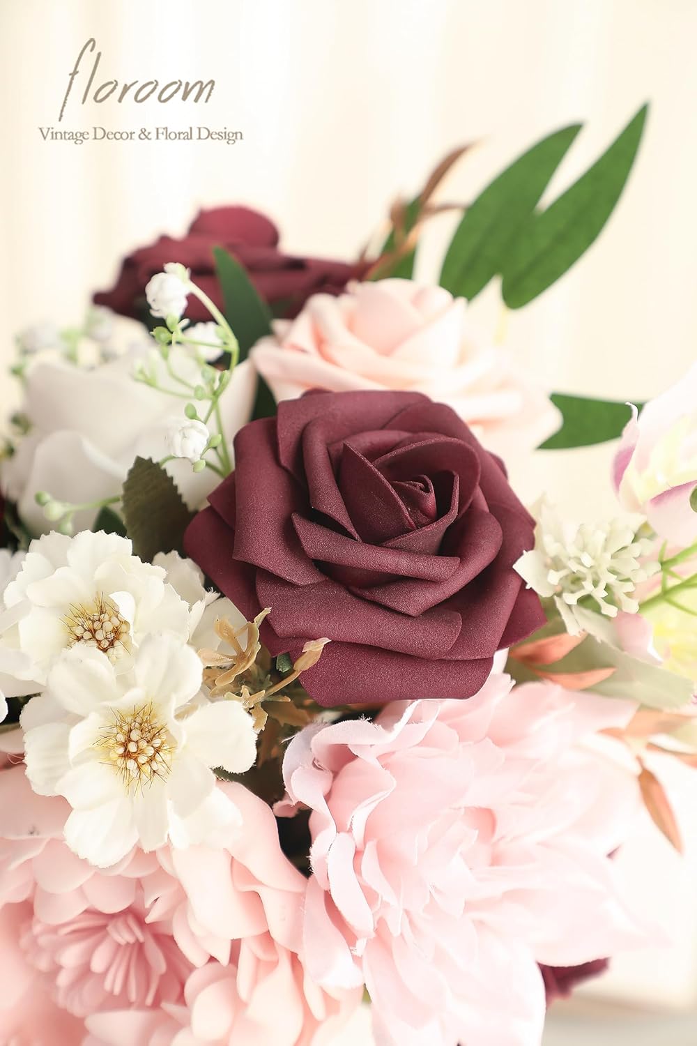 Floroom Blush Burgundy Artificial Flowers Dark Red Fake Roses Peonies Dahlia and Greenery Combo Box Set for DIY Wedding Bouquets Bridal Shower Centerpieces Floral Arrangements Party Tables Decorations