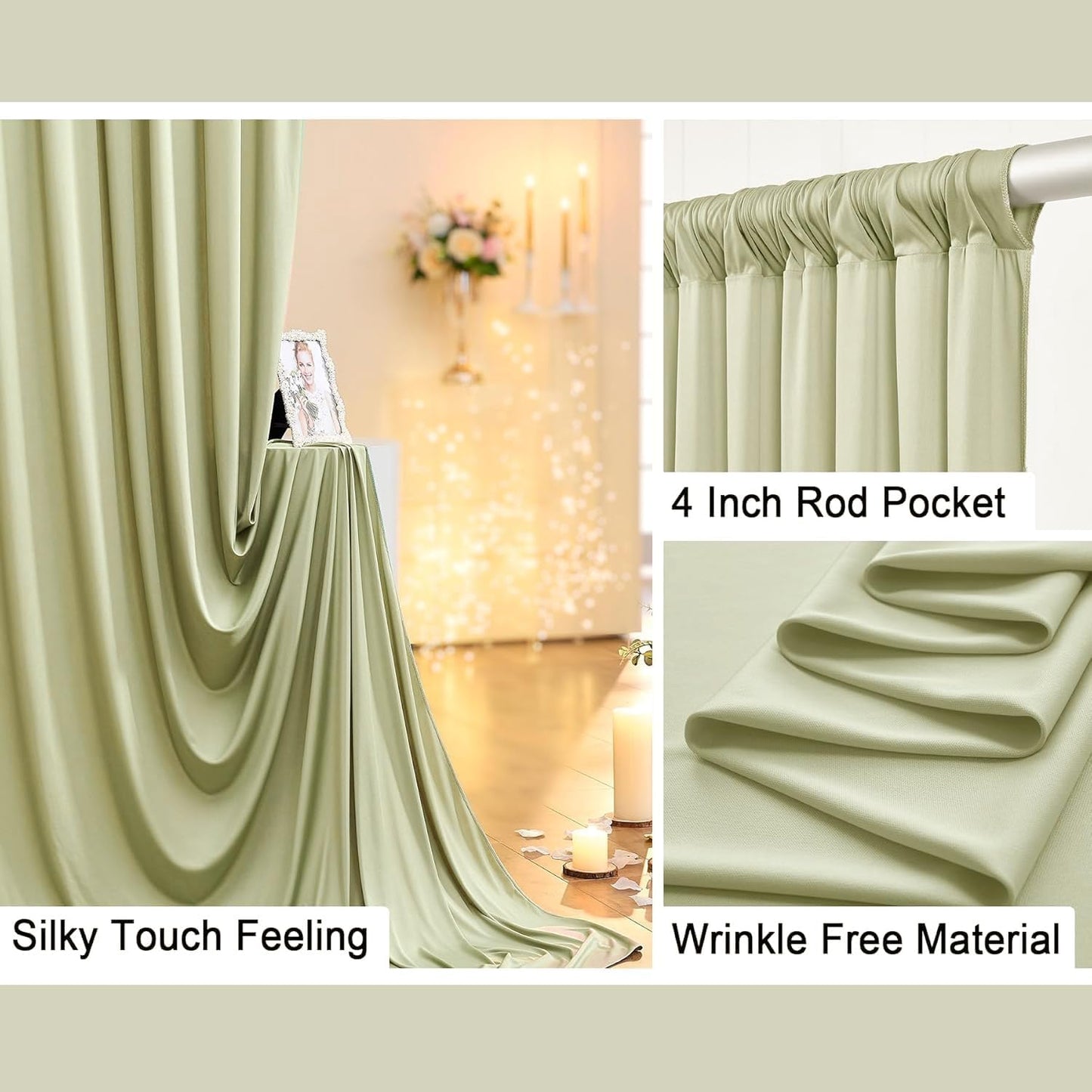 10 ft x 10 ft Wrinkle Free Sage Green Backdrop Curtain for Parties, Thick Green Polyester Photo Backdrop Drapes for Baby Shower Wedding Engagement Birthday Party Backdrop Stand,5ft x 10ft 2 Panels