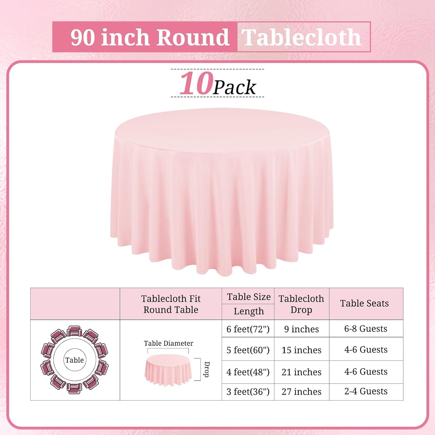 10 Pack Pink Round Tablecloths - 90 Inch, Polyester Table Cover, Stain and Wrinkle Resistant Washable Fabric, Perfect for Wedding Banquet Parties