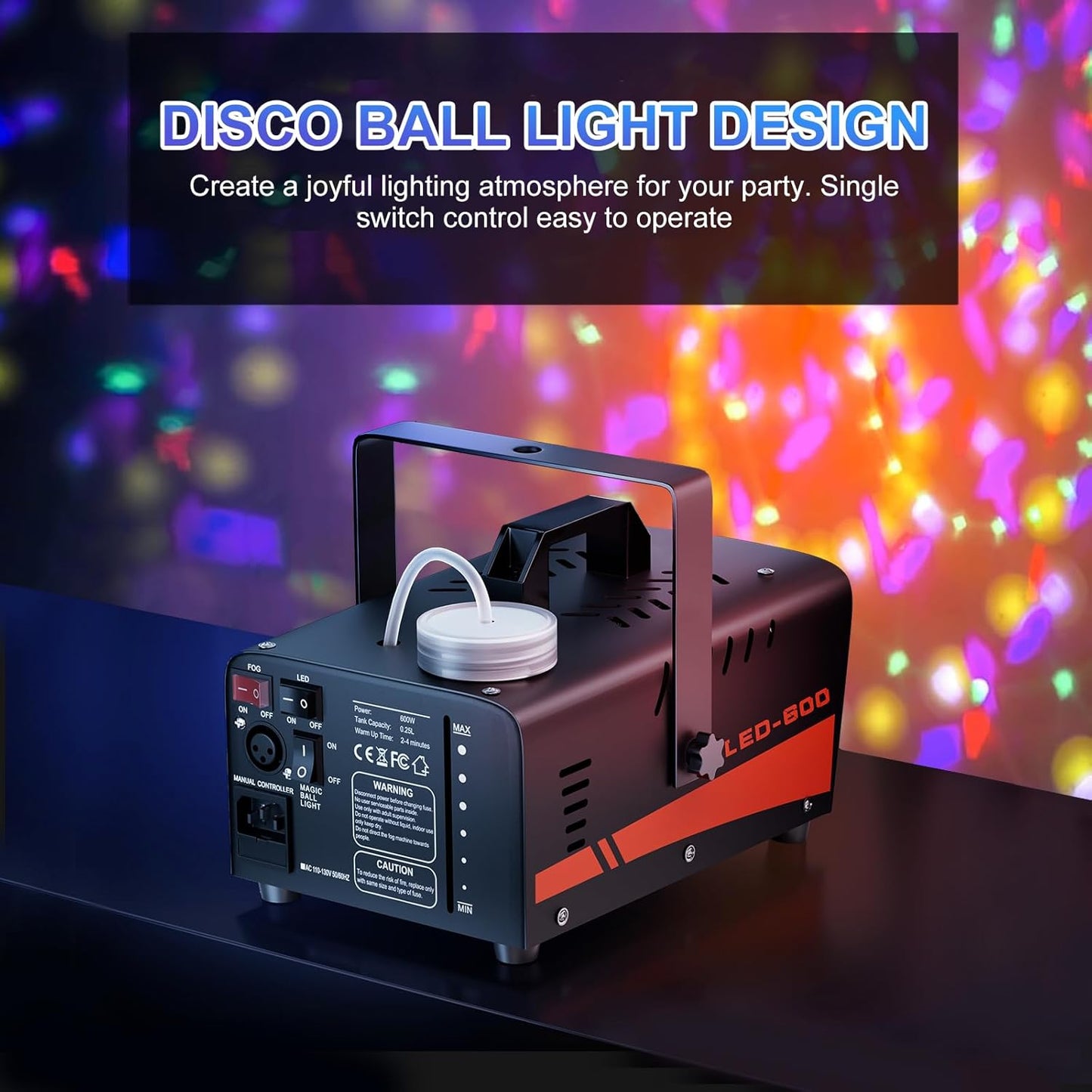 Fog Machine, Halloween Smoke Machine with Disco Ball Lights, 600W and 3000CFM with 13-Color LED Effects, Wired And Wireless Remote Controls, Ideal for Indoor, Outdoor, Wedding, Parties, and DJ Stage