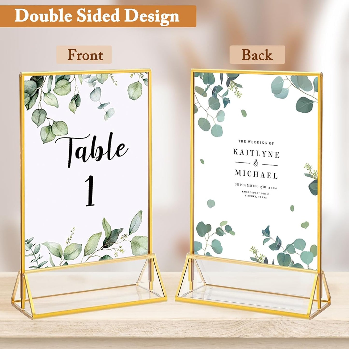 Floroom 6 Pack 4x6 Inch Clear Acrylic Sign Holders, Double-Sided Gold Display Stand Picture Frames for Table Numbers, Menus, Flyers, Weddings, and Offices
