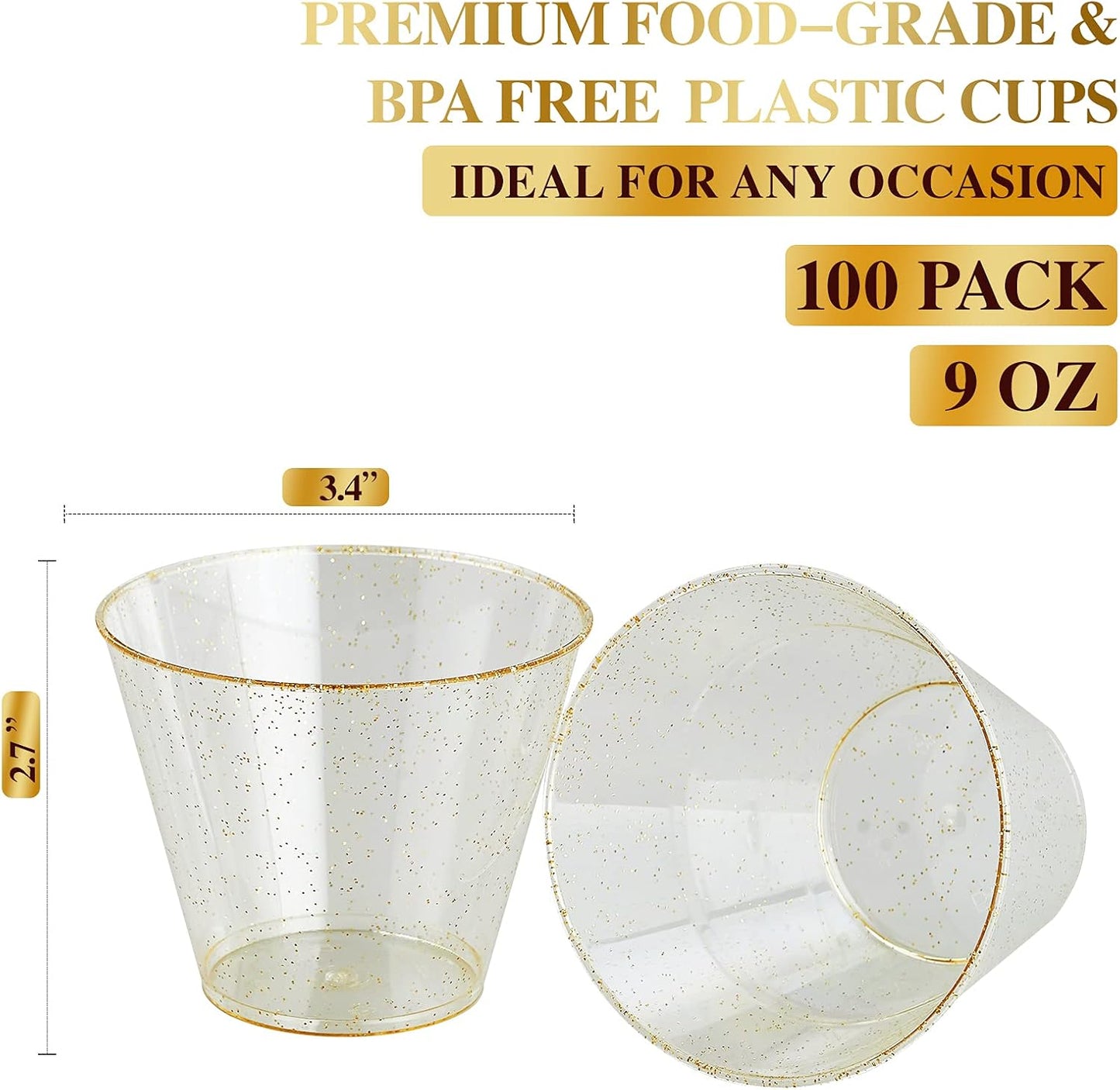 FOCUSLINE 9 oz Gold Plastic Cups, Disposable Clear Fancy Hard Plastic Cups, Gold Glitter, Heavy Duty, Reusable,100 Count