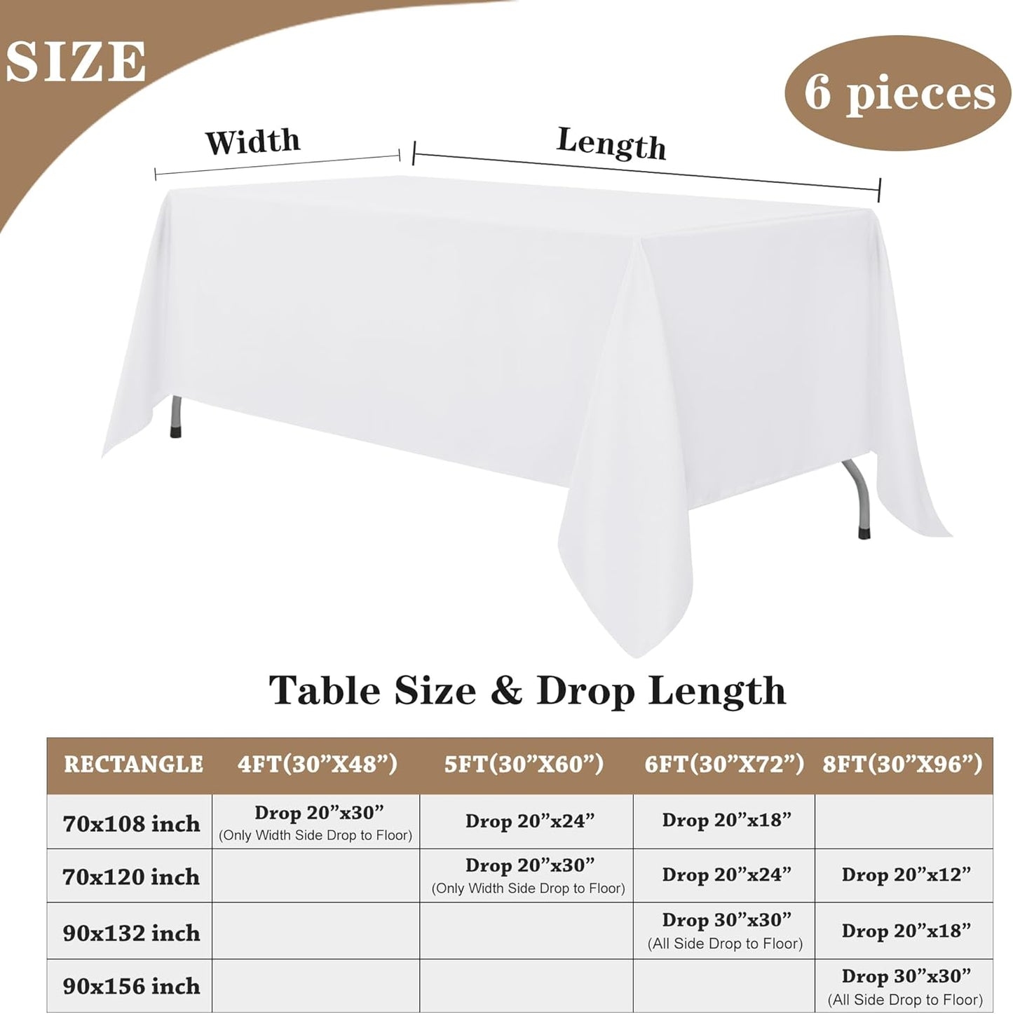 Fitable White Table Clothes for Rectangle Tables, 6 Pack - 90 x 156 Inch - Reusable and Elegant Tablecloths, Polyester Fabric Table Covers for Wedding, Party, Banquet, Formal Events