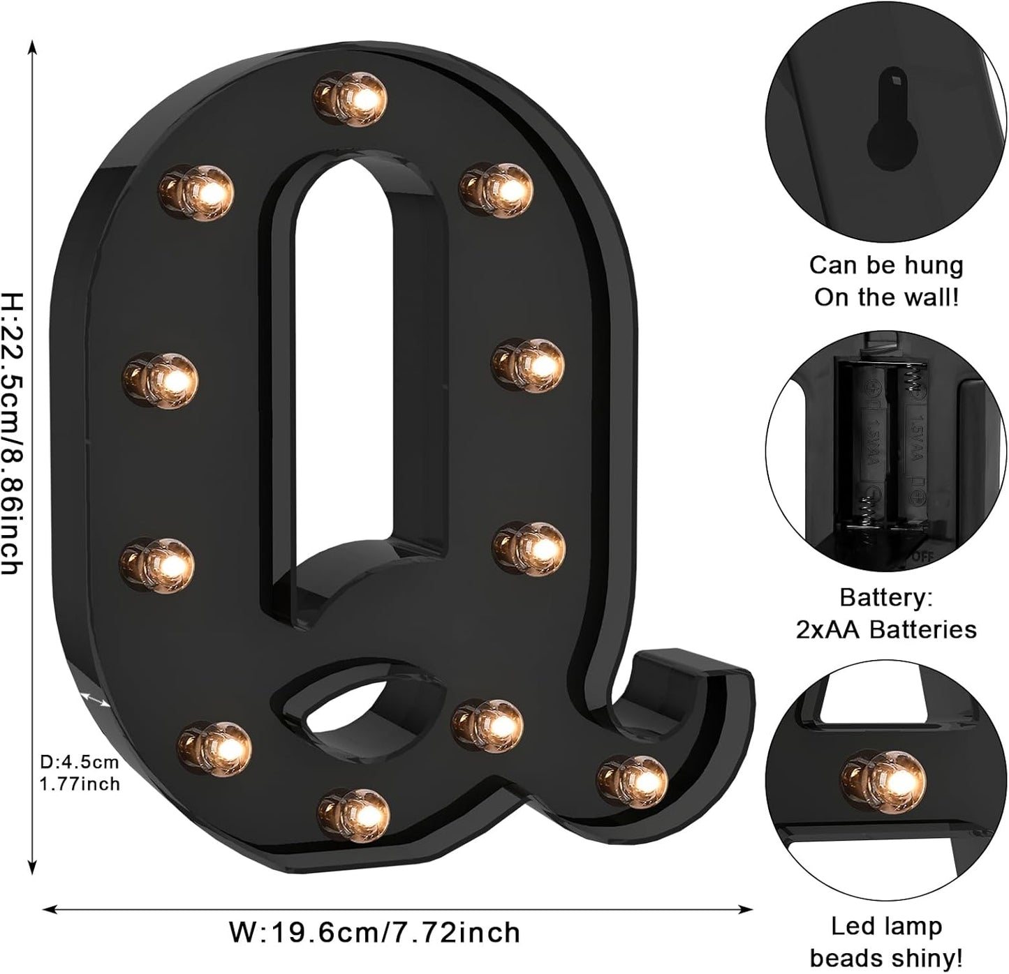 Foaky Black LED Letter Lights for Room Decor - Bedroom Wall Decor, Alphabet Lights for Home, Wedding, Party - Battery Operated （Q）