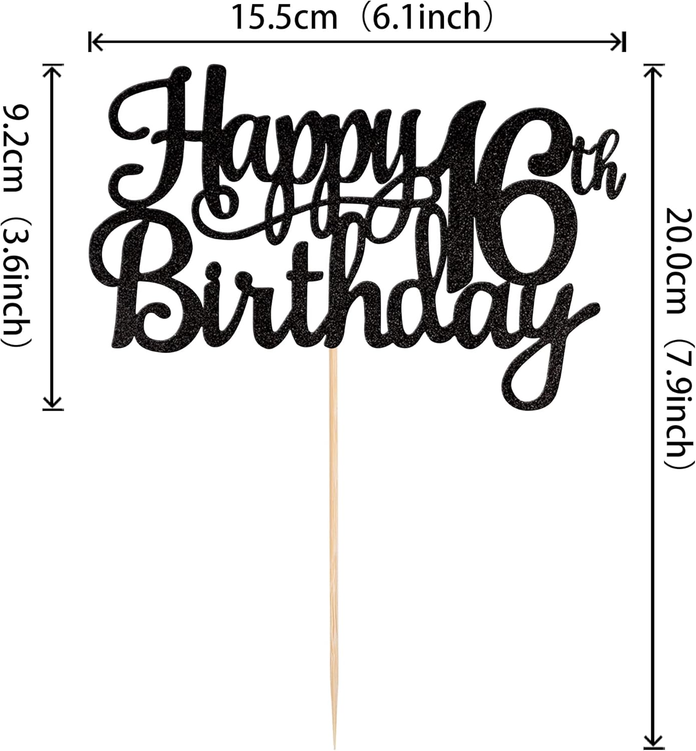 1 PCS Happy 16th Birthday Cake Topper Glitter Cheers to 16 Years Birthday Cake Pick Sweet 16 Fabulous Cake Decoration for Happy 16th Birthday Theme Party Decorations Supplies Black