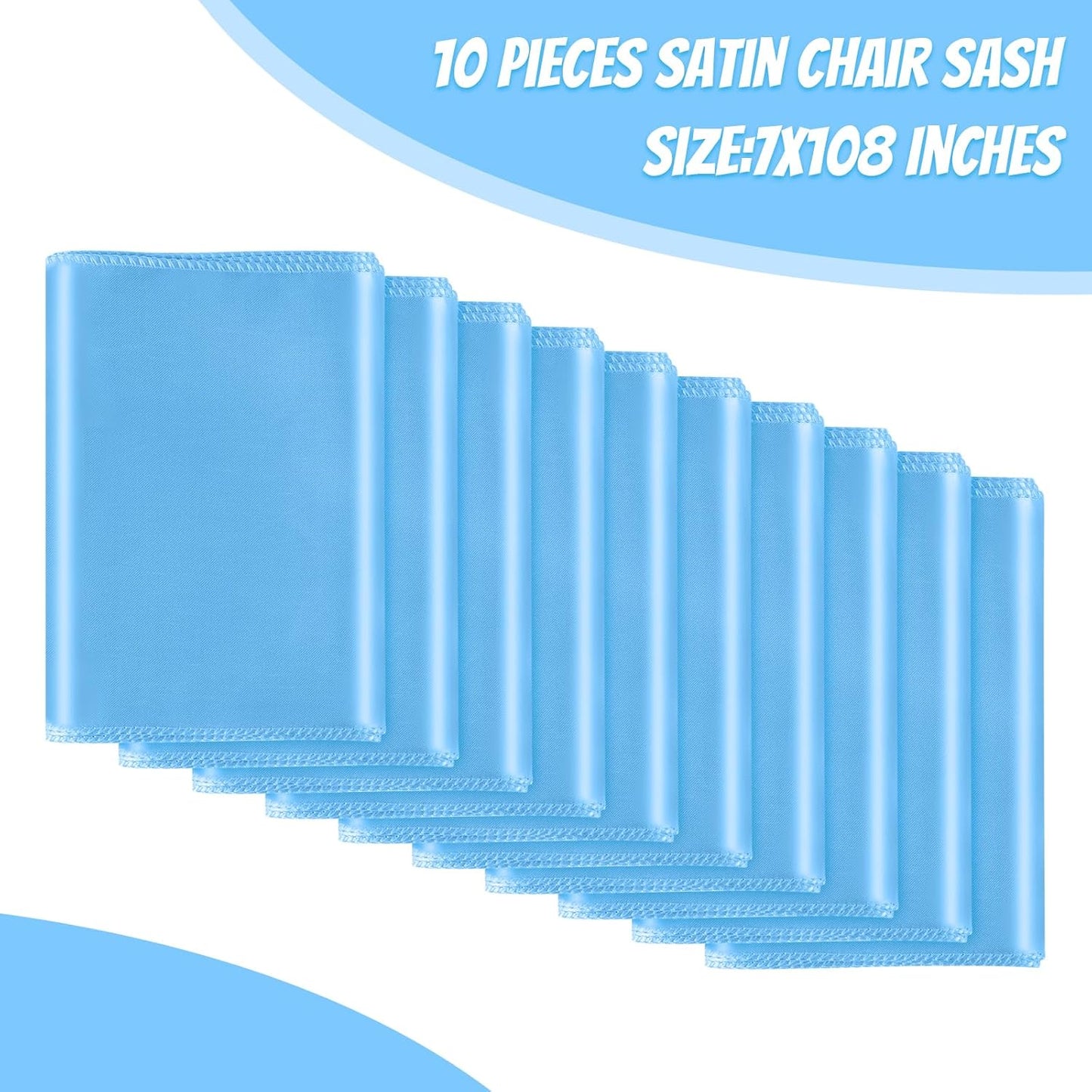 10 PCS Baby Blue Satin Chair Sashes Bows Universal Chair Ribbon Ties Back Sash for Wedding Party Reception Events Banquets Hotel Event Chair Cover Decoration (7x108 inch)
