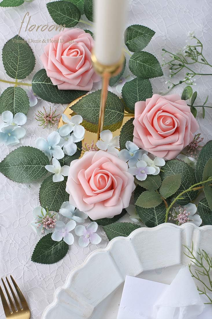 Floroom Artificial Flowers 25pcs Real Looking Blush Heirloom Foam Fake Roses with Stems for DIY Wedding Bouquets Pink Bridal Shower Centerpieces Floral Arrangements Party Tables Home Decorations