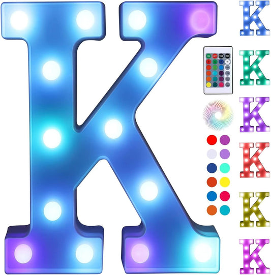 Foaky Colorful LED Letter Lights with Remote,Marquee Light Up Letters Sign for Night Light Wedding/Birthday Party Battery Powered Christmas Lamp Home Bar Decoration(K)