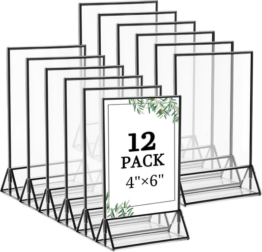 Floroom 12 Pack 4x6 Inch Clear Acrylic Sign Holders, Double-Sided Black Display Stand Picture Frames for Table Numbers, Menus, Flyers, Weddings, and Offices