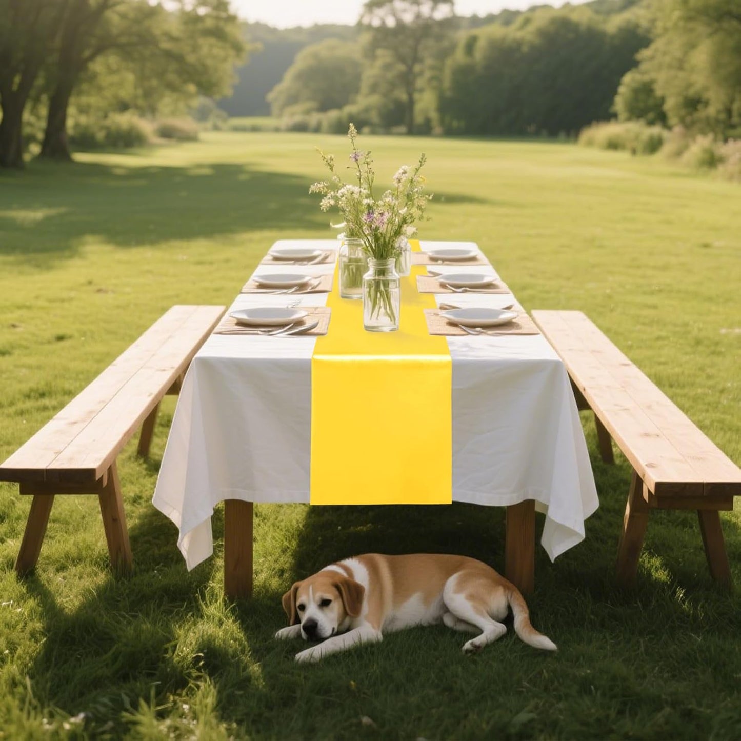 10 Pack Satin Table Runner 12 x 108 Inch Long Yellow Silk Table Runner for Wedding Party Banquet Birthday Decoration