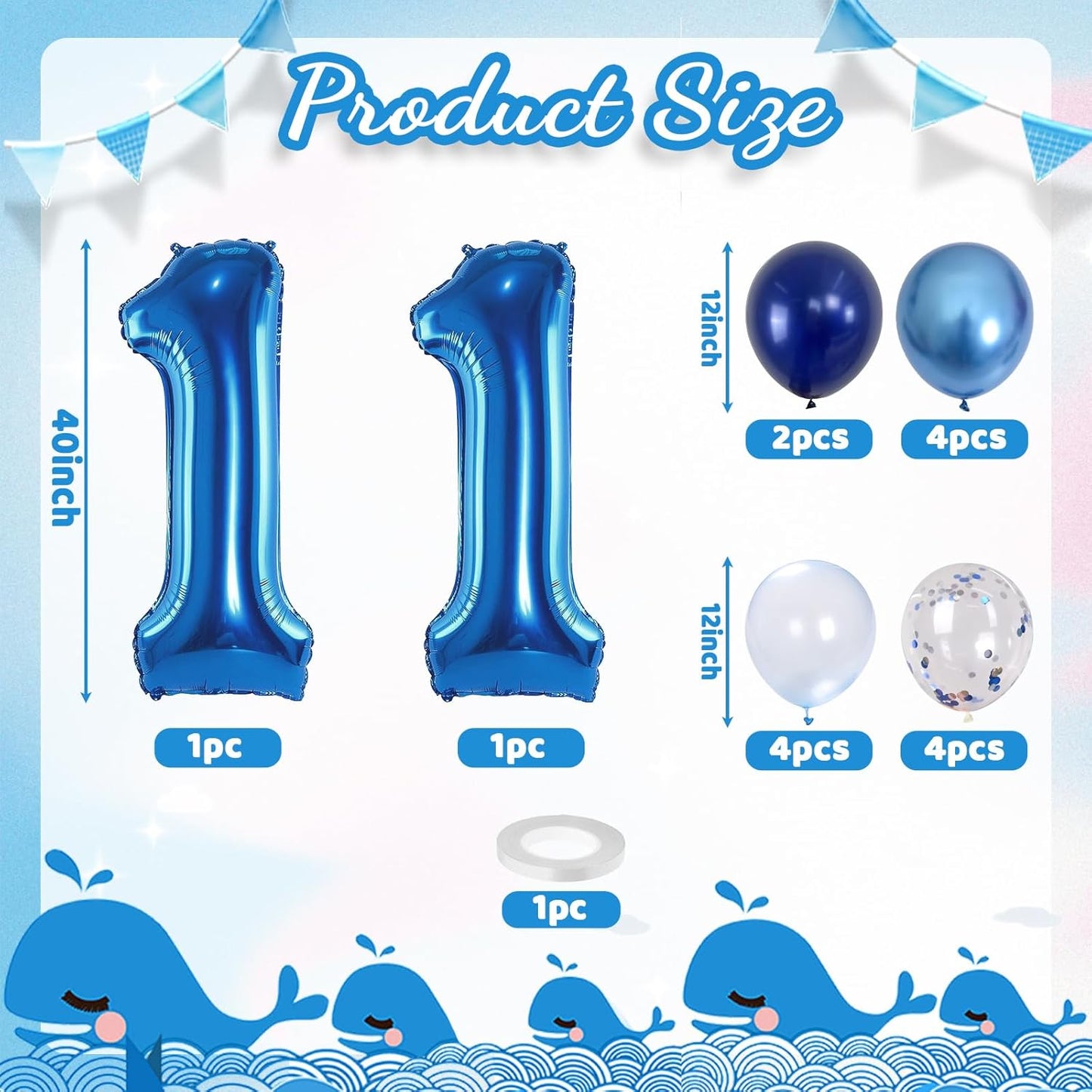 Foil Number Balloons 11, 40'' 11th Birthday Balloon with Pastel Navy Dark Blue Silver Confetti Helium Balloon, Self Inflating Big 11 Balloon Number for Boys Birthday Party Anniversary Decor Supplies