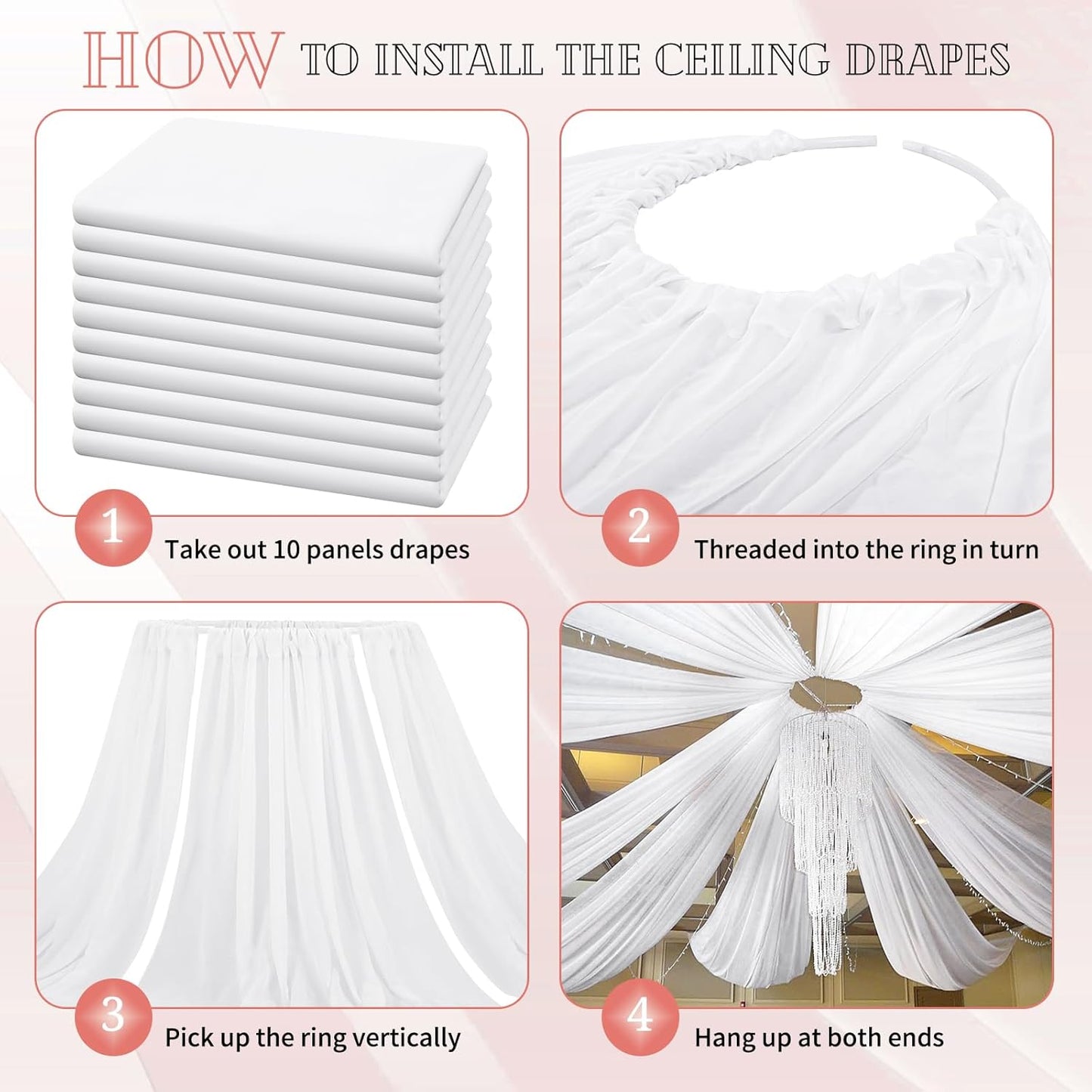 10 Panels White Ceiling Drapes for Wedding 5ftx30ft Sheer Drapery Chiffon Fabric Arch Draping Curtains for Party Ceremony Birthday Baby Shower Reception Stage Ceiling Decorations