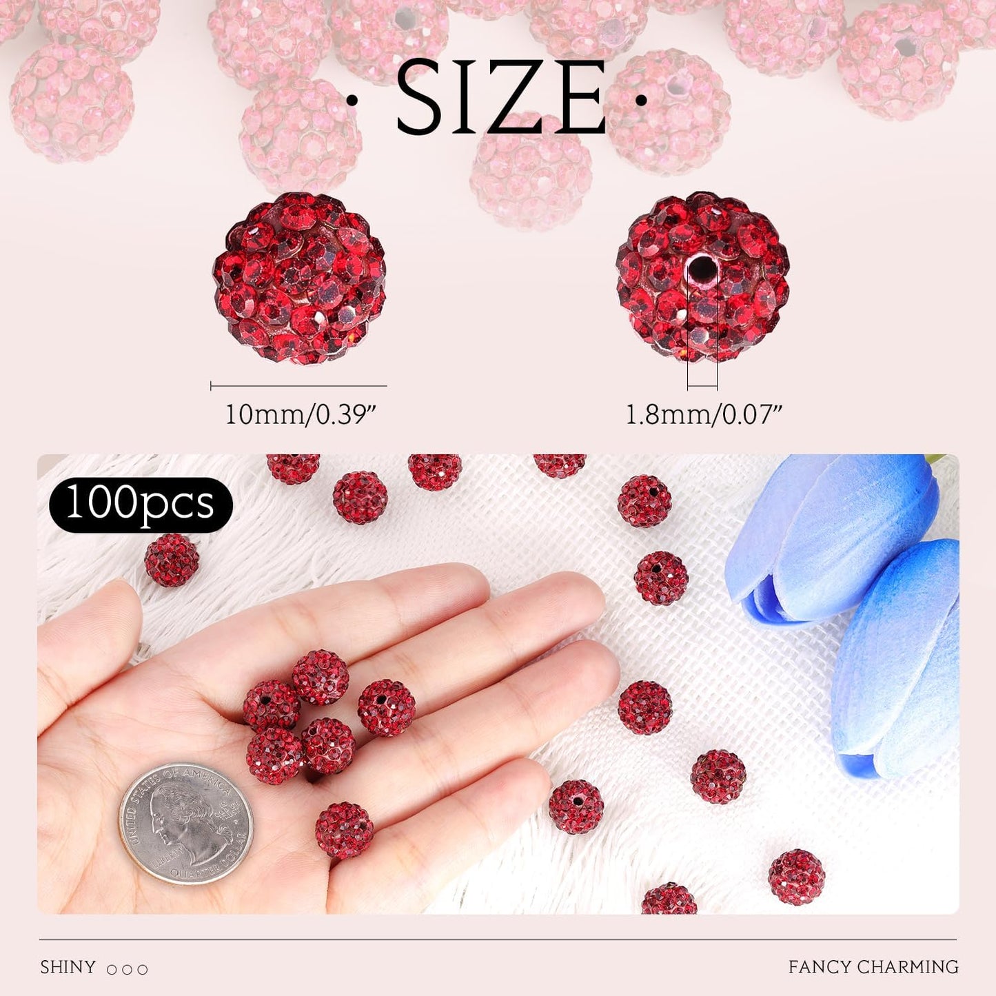 100 pcs 10mm Rhinestone Beads for Jewelry Making, Dark Red Shiny Round Shamballa Disco Beads Bulk, Sparkle Crystal Clay Christmas for Bracelet Baseball Necklace Earring Crafting and DIY