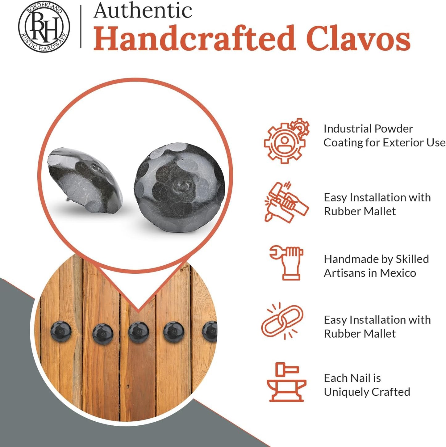 10 Pack 2" Round Head Iron Clavos Decorative Nails – Sealed Unfinished – Handmade Rustic Round Fasteners for Farmhouse Shutters, Faux Wood, Barn Doors, Shutters, Gates – Ornamental Wood Accent