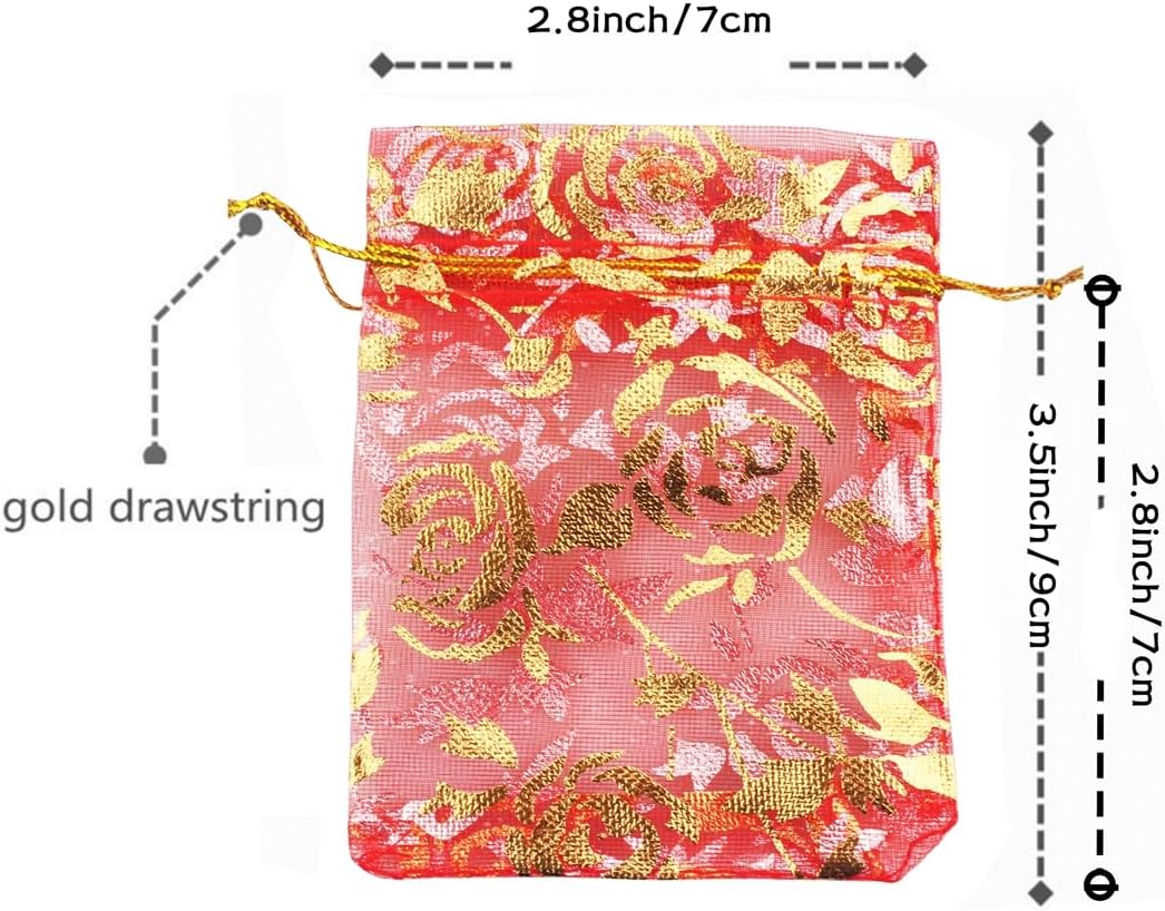 100 Pack 2.8 x 3.5 Inch Flower Heart Organza Jewelry Gift Pouch Candy Pouch Drawstring Wedding Favor Bags B511S (red gold flower)