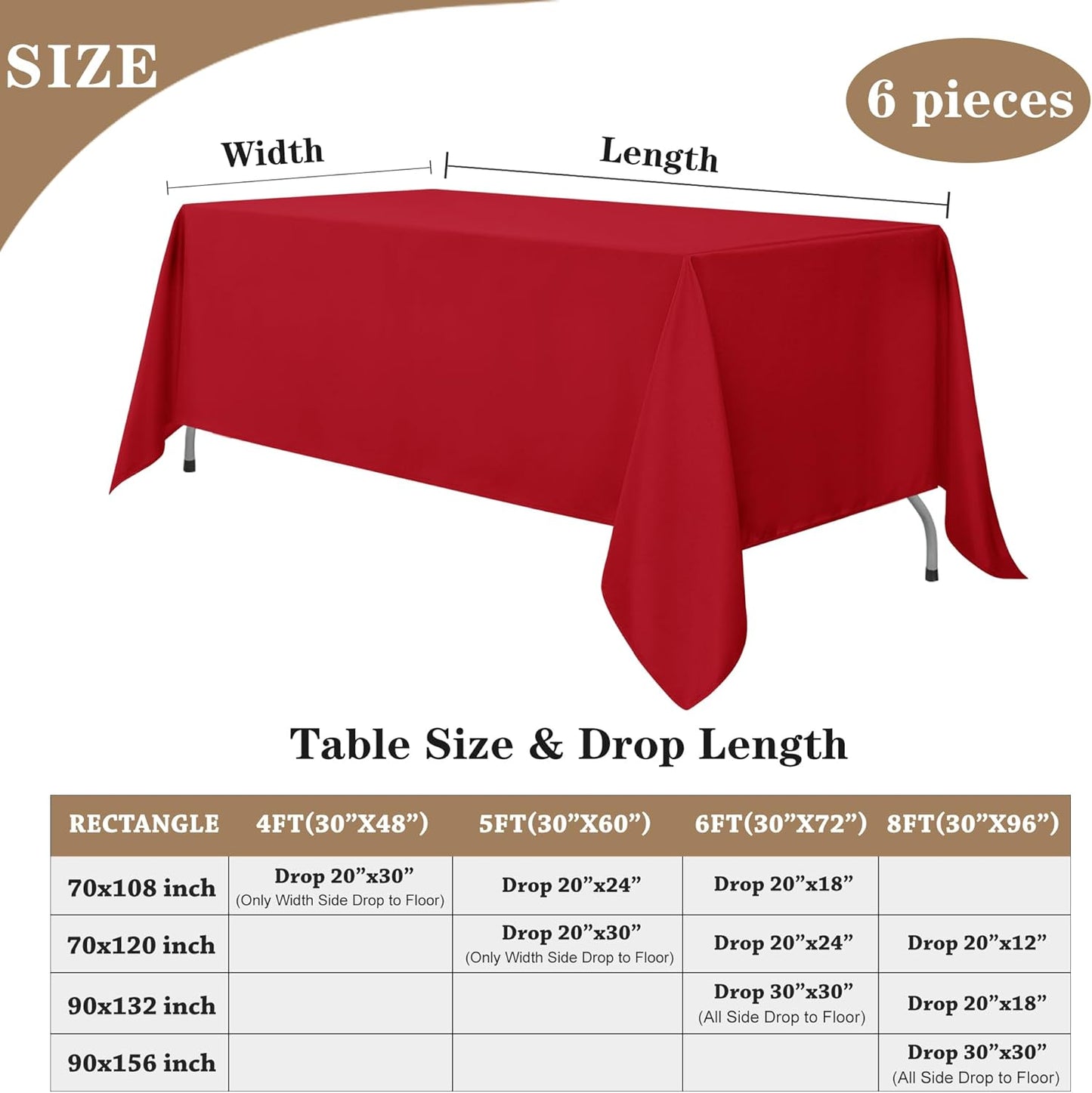 Fitable Red Rectangle Tablecloths for 6 Foot Tables, 6 Pack - 70 x 108 Inches - Stain Resistant and Washable Table Clothes, Polyester Fabric Table Covers for Wedding, Party, Banquet, Buffect