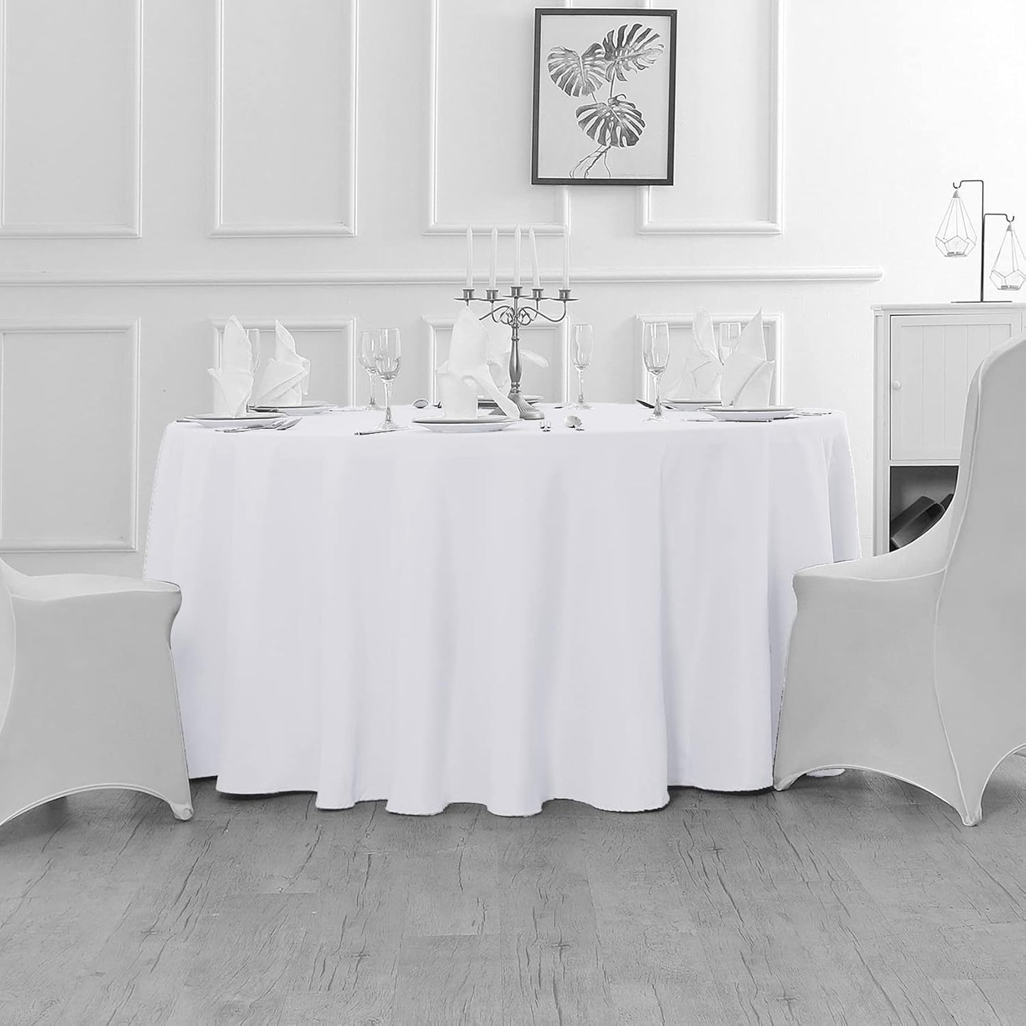 Fokitut 2 Pack Waterproof Round Tablecloth, 108 Inch, Stain Resistant and Wrinkle Polyester Table Cloth, Fabric Table Cover for Kitchen Dining, Wedding, Party, Holiday Dinner-White