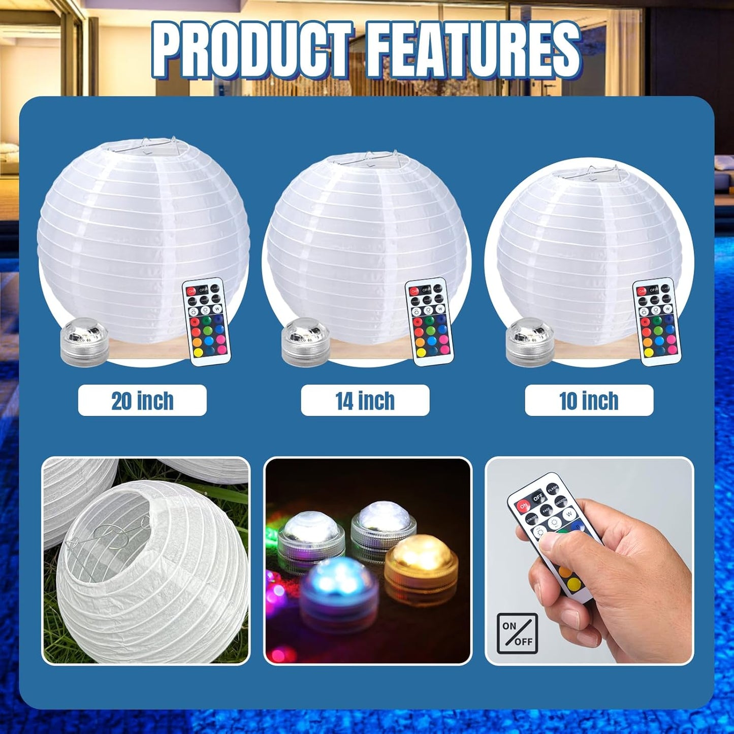 Floating Lanterns LED Pool Lights,IP68 Waterproof Pool Lights That Float ,13 Color Changes by Remote Control for Pool Decor,Outdoor Party,Wedding (4Pcs-10 inches)