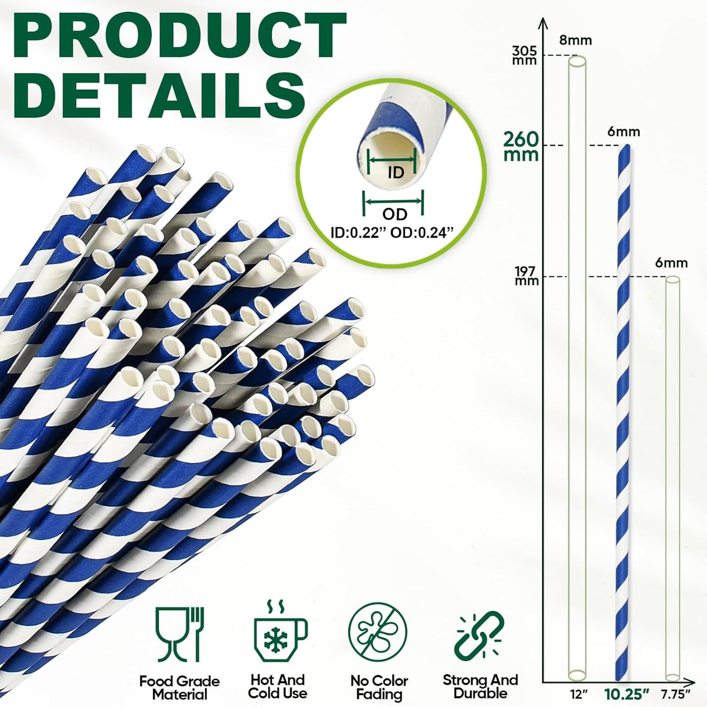 10 Inch Long Disposable Drinking Straws Paper - Navy Blue Striped, 100 Counts - 100% Biodegradable