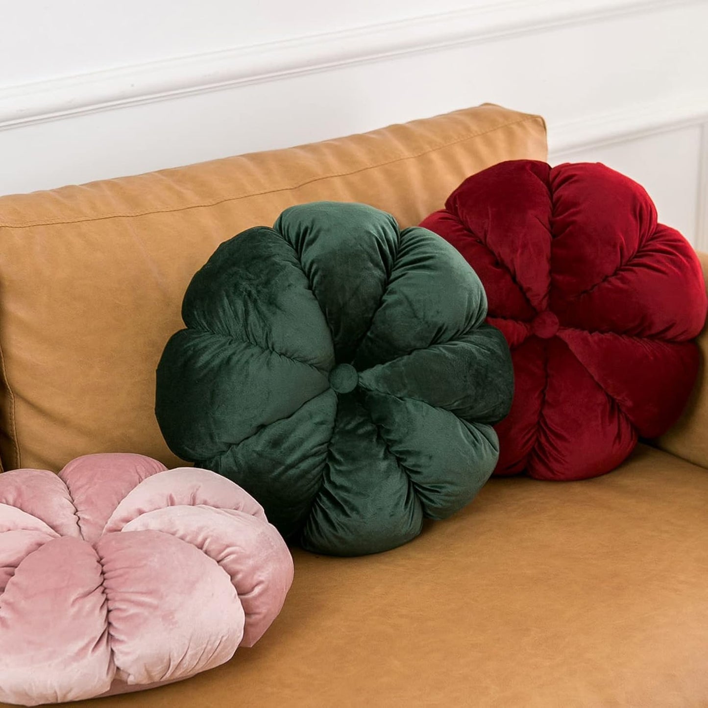 Flower Pillow Cushion Round Decorative Throw Pillow for Couch Bedroom Flower-Shaped Floor Cushion for Girls Kids (Dark Green, 15.7”)