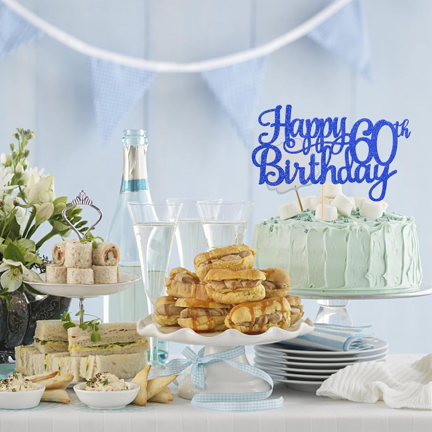 1 PCS Happy 60th Birthday Cake Topper Glitter Cheers to 60 Years Birthday Cake Pick 60 Fabulous Cake Decoration for Happy 60th Birthday Anniversary Party Decorations Supplies Blue