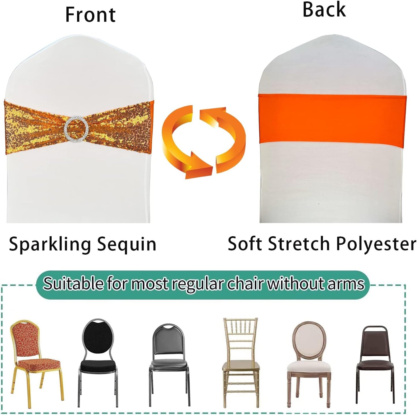 100 Pcs Chair Sashes Sequin Stretch Chair Bands Spandex Polyester Bows for Party Hotel Wedding Banquets Decoration - Orange